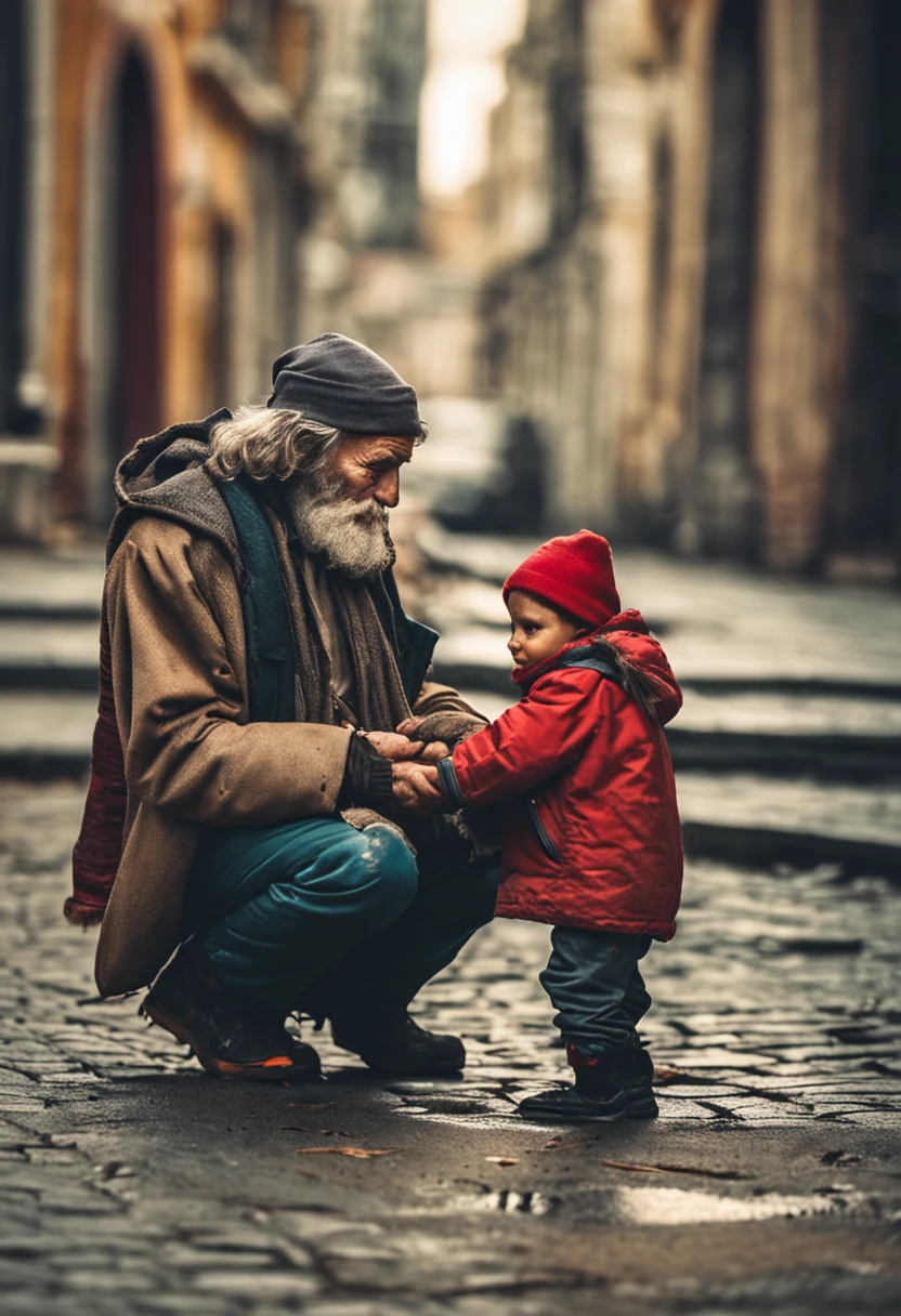 At Christmas, a child gives alms to a homeless man again, the homeless man is dirty, the child's face is full of love and help others