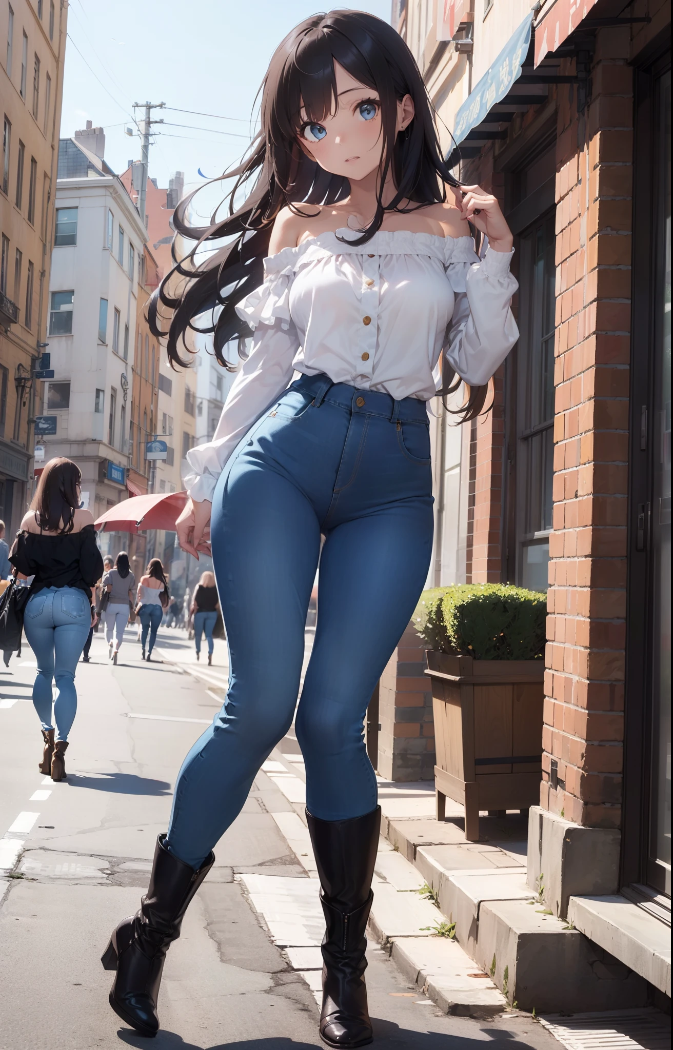 masterpiece, extremery magnificent view, perspective, extremery best quality, extremery detailed CG, 8k wallpaper, high resolution, highly detailed face, highly detailed eyes, perfect anatomy, super detailed skin,
(dynamic angle, dynamic pose:1.2), outdoors, city street, (portrait, legs focus, full body), (beautiful face, beautiful eyes, beautiful legs:1.3), 
1 girl, solo, (white blouse, bare shoulder, blue jeans pants:1.3), (skinny jeans:1.3), large breasts, brown hair, long hair, wavy hair, open forehead, (black boots:1.3), blue eyes, skinny, slender, wide hips, thin waist