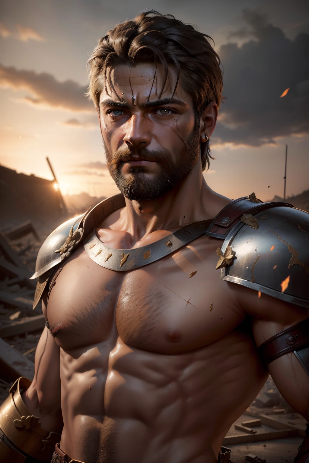 ((((realistic))), incredible details, portrait of Leonidas of Sparta amid the devastation of war, captured with a 50mm Phase One camera).
