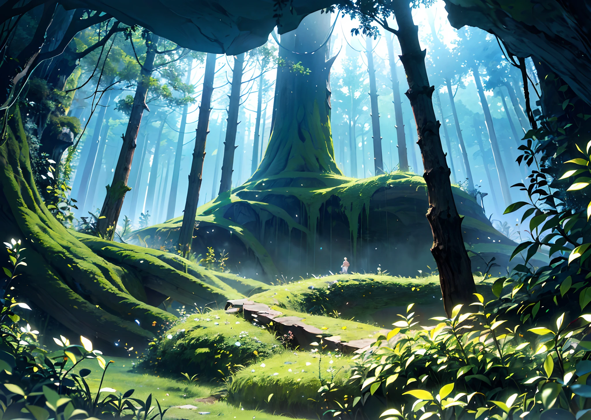 ((Floresta de fantasia misteriosa em uma grande cavernarna)), selva, (((musgo))), grama, caverna, one tree, prado, Rocha, (illustration: 1.0), Epic composition, realistic lighting, Detalhes do HD, obra prima, melhor qualidade (muito detalhado CG wallpaper unificado 8k), (((Escuro, The Dark Lighting, dim lighting))), cristais luminosos, Dramatic, dessaturados, (expansivo), intrincado