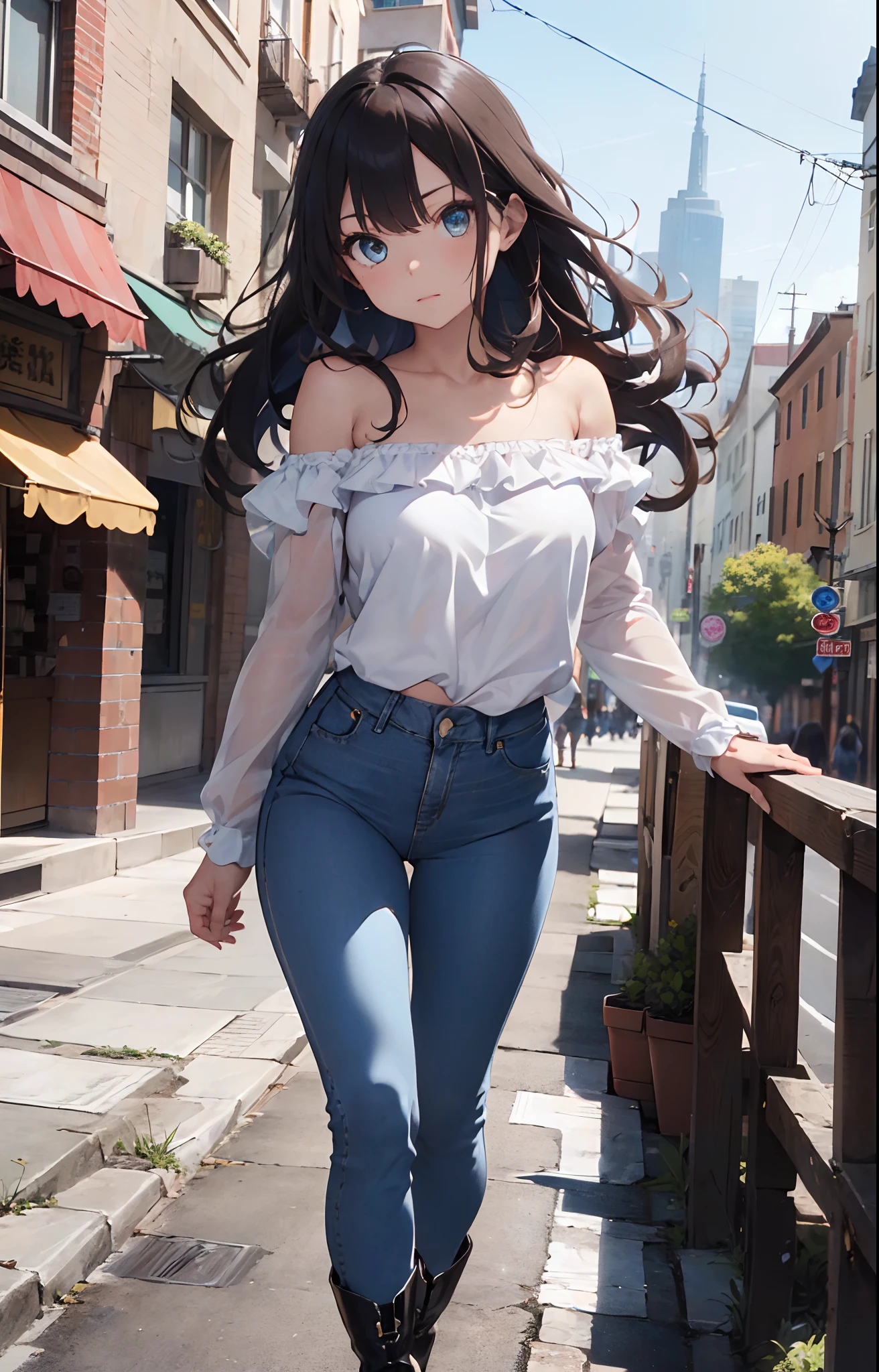 1girl, solo, full body, blue eyes, smiling, navel, red tube top, red crop top, strapless, bare arms, bare neck, bare shoulders, leather mini skirt, summer, street, black-rimmed glasses, glasses