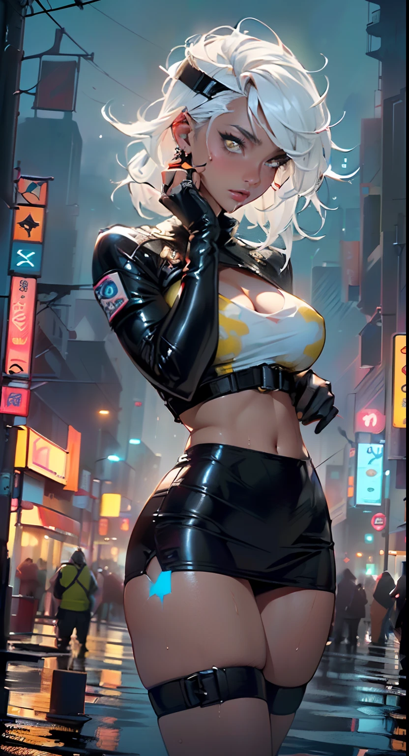 dark skin,very dark skin,dark_skin,
girl rave,(((1girl))),((girl with extremely cute and beautiful white hair)),
(large breasts:1.4),saggy breasts,(((white hair:1.35,straight hair,long hair:1.4,colored inner hair,ear breathing))),((very light yellow eyes:1.3,upturned eyes:1.3,perfect eyes,beautiful detailed eyes,gradient eyes:1,finely detailed beautiful eyes:1,symmetrical eyes:1,big highlight on eyes:1.2)),((fat)),((((black girl,black skin,dark-skinned_female,dark skin:1.3,ebony skin,lustrous skin:1.5,bright skin: 1.5,shiny skin,very shiny skin,shiny body,plastic glitter skin,exaggerated shiny skin,shiny skin like ebony,illuminated skin, wet legs))),(spider lower abdomen,narrow waist,wide hip,athletic body,inflated legs,delicate detailed fingers,detailed body,human hands,(detailed face)),
cute,slutty,seductive,erotic,(((nsfw))),
zettai ryouiki,revealing clothing,show skin,((rave shirt with an yellow print,rave mini-skirt,visible thong straps)),(wearing a rave outfit:1.3,rave clothes,semi-naked,with little clothing,yellow baseball cap),((wet clothes,detailed outfit,detailed clothes)),
(dynamic pose:1.0),solo focus,embarrassed,(centered,scale to fit dimensions,Rule of thirds),
((((cyberpunk city by the ocean,huge buildings,neon signs,puddles)))),stormy sky,threatening sky,dark clouds,((synthwave background theme,detailed background : 1.25)),((((night,nice lighting decorations,detailed architecture)))),
(best quality,high resolution,sharp focus,ultra detailed,extremely detailed,extremely high quality artwork,(realistic,photorealistic:1.37),8k_wallpaper,(extremely detailed CG 8k),(very fine 8K CG),((hyper super ultra detailed perfect piece)),flawless,(((masterpiece))),illustration,vibrant colors,(intricate),High contrast,Selective lighting,Double exposure,HDR (High Dynamic Range),Post-processing,Background blur,