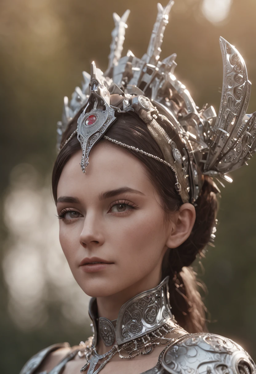 a 3D model of a female robot, jovem, 25 anos, 3D-rendering, octan render, intrinsecamente detalhado, cinematic titanium decorative headdress, trending on ArtStation.