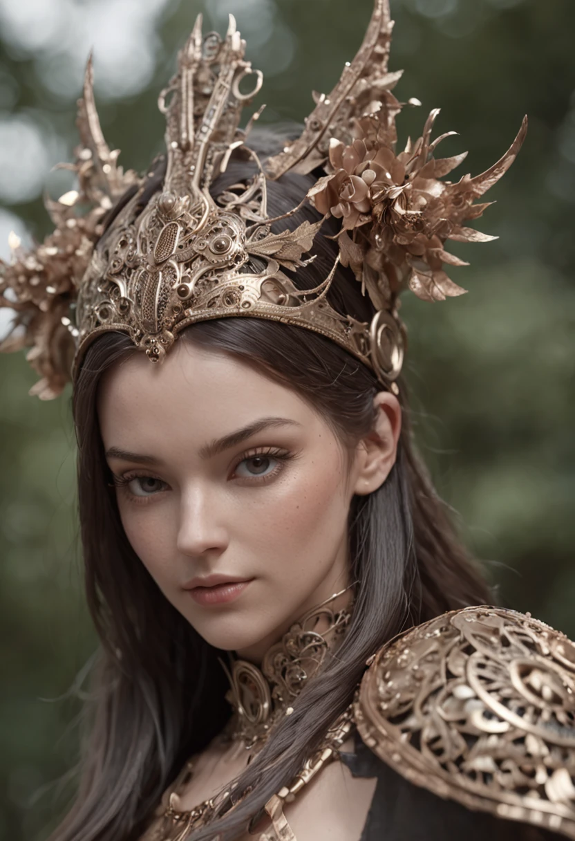 a 3D model of a female robot, jovem, 25 anos, 3D-rendering, octan render, intrinsecamente detalhado, cinematic titanium decorative headdress, trending on ArtStation.