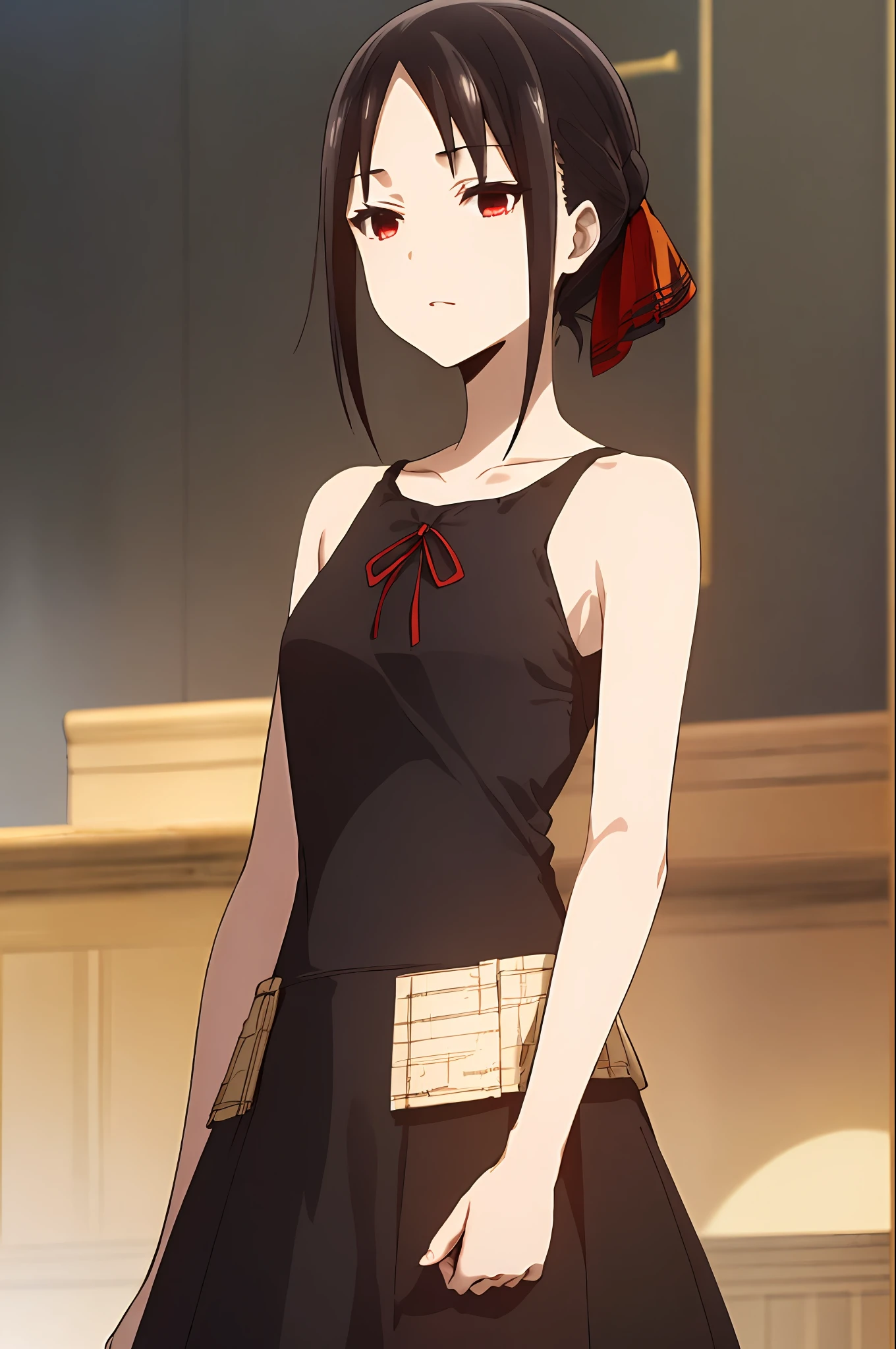 best quality, (masterpiece:1.2), detailed,
shinomiya kaguya,
1girl, solo,
black hair, red eyes, short hair, ((black dress, elegant dress)), red ribbon,
standing, ((((upper body))))