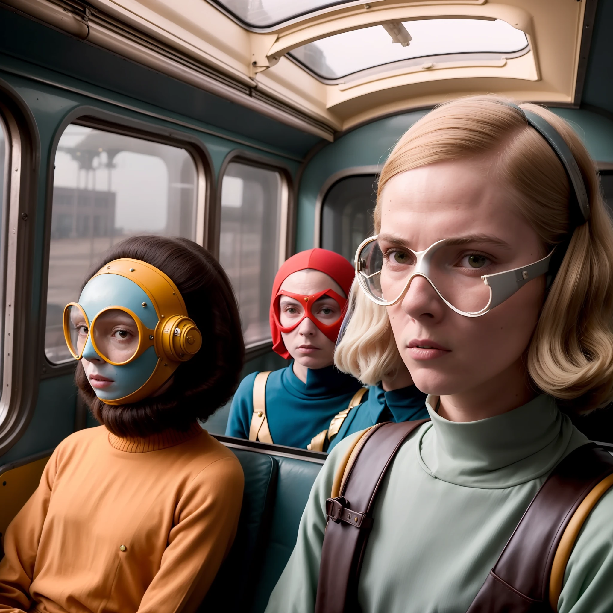 There are three women wearing masks on a bus with a man in a helmet, Ainda de um filme de Wes Anderson, inspirado em Wes Anderson, futuristic ballroom. olhos grandes, Ainda de um filme de Wes Anderson, Moody : : Anderson Wes, Wes Anderson filme, 5 0's vintage sci - estilo fi, no estilo Anderson Wes, Estilo Wes Anderson, Wes Anderson filme