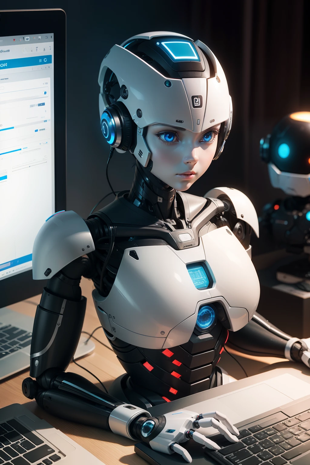 Create a humanoid robot with artificial intelligence performing a task on the computer