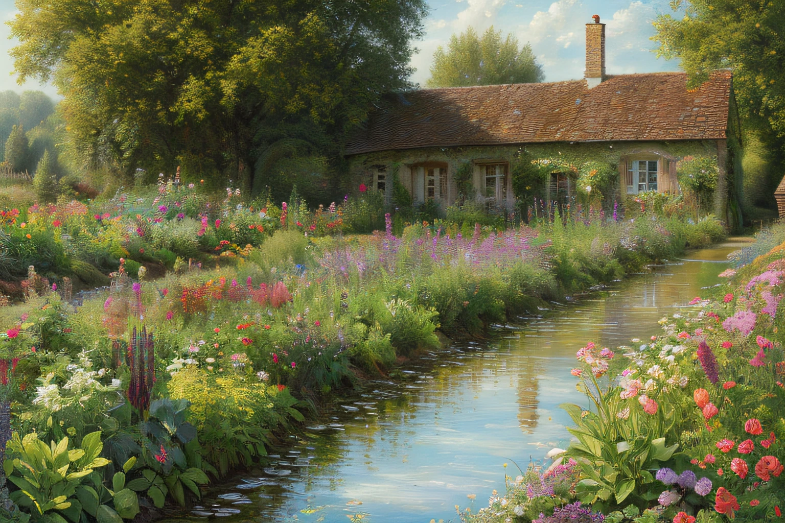 paysage campagne, potager, ruisseau, Eau, (Highly detailed CG Unit 8k wallpaper), The most beautiful work of art in the world, Professional majestic oil painting, complexe, High detail, mise au point nette, dramatique, Art of photorealist painting,