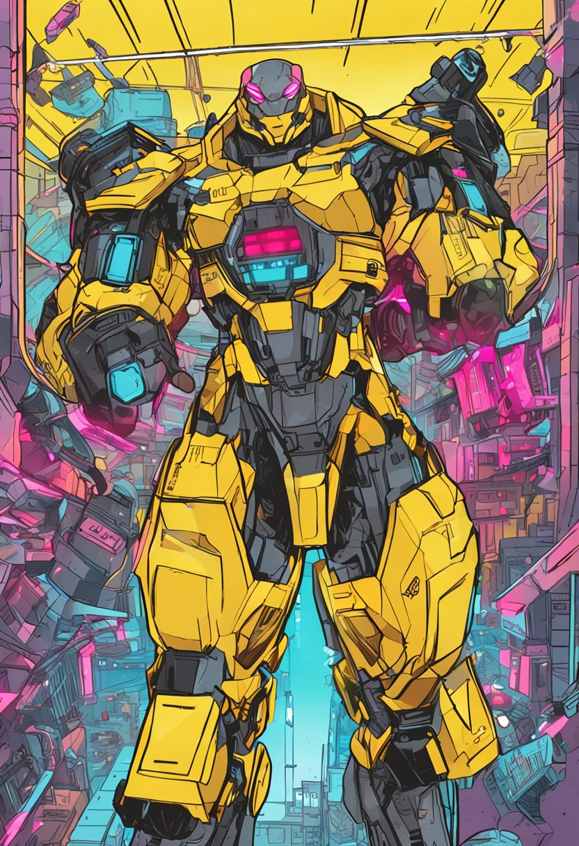 Estilo anime dos anos 90, garoto de costas usando um traje scifi colado cinza neon, um numero "1" aparecendo em amarelo no meio das costas.