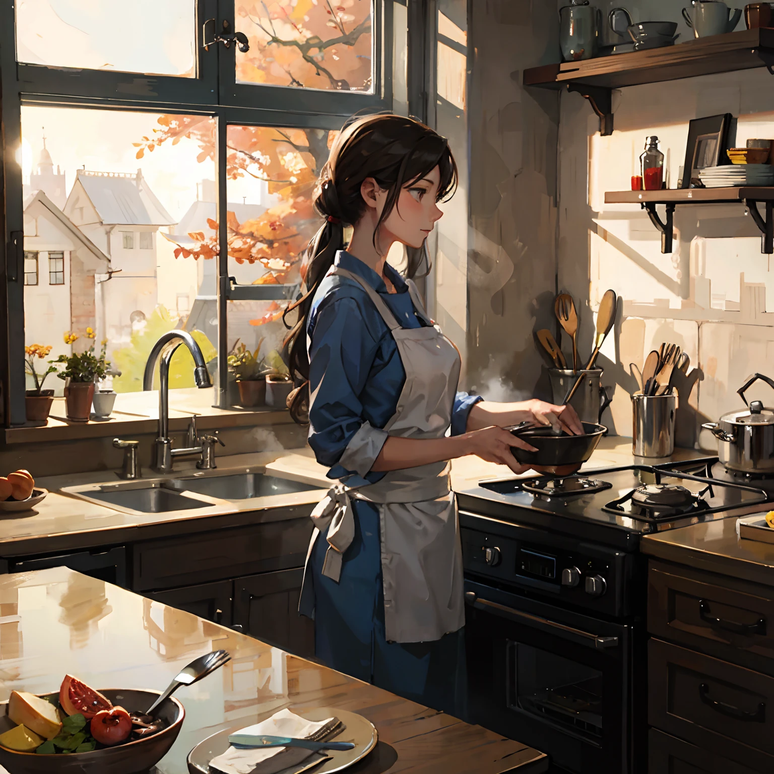 Woman cooking near the window, with ray of sunlight