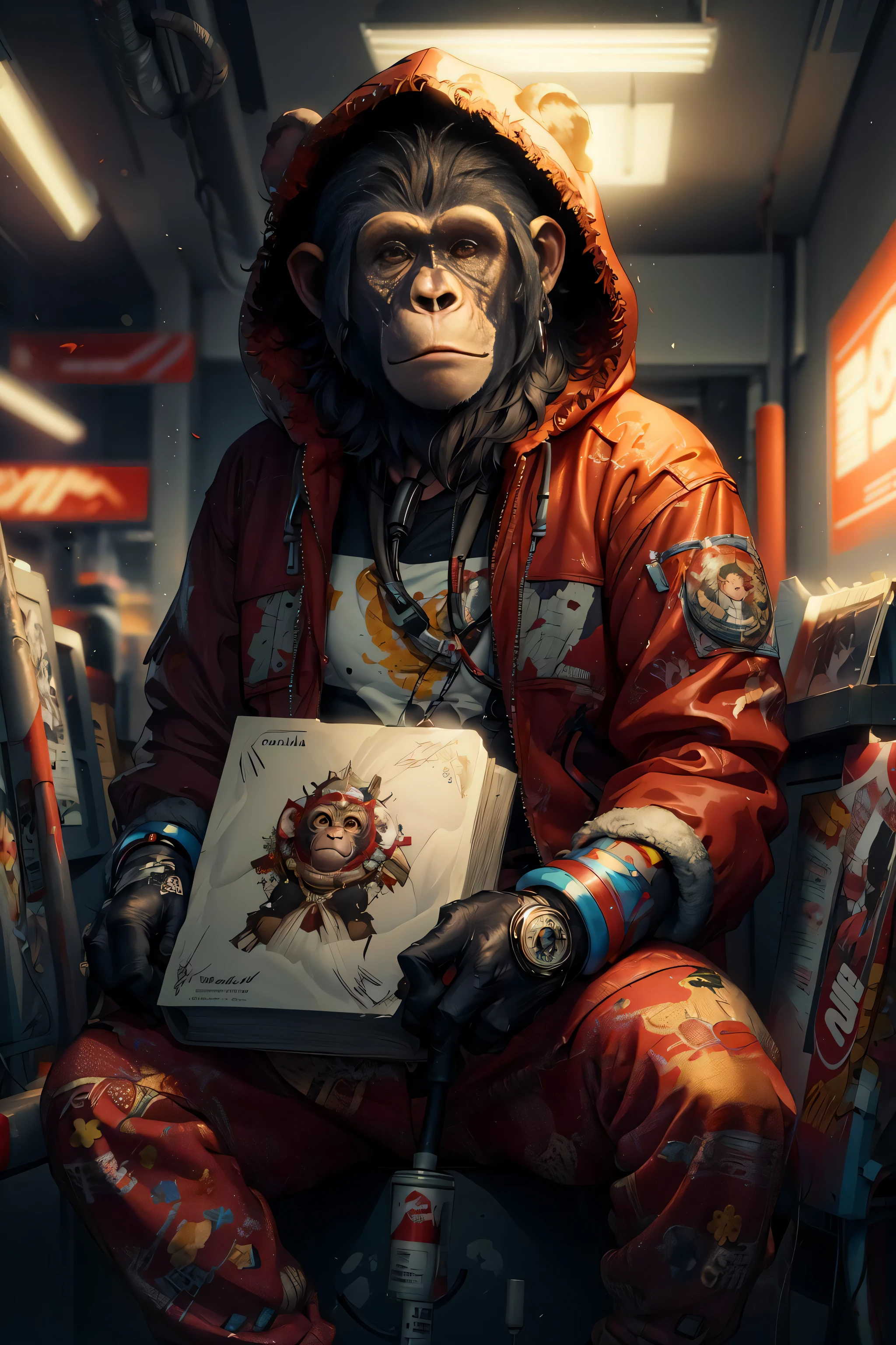 masterpiece, best quality, photorealistic ,fashionmonkey, gorilla, blurry, book, cable, cyberpunk, gloves, red coat, holding, hood, solo,