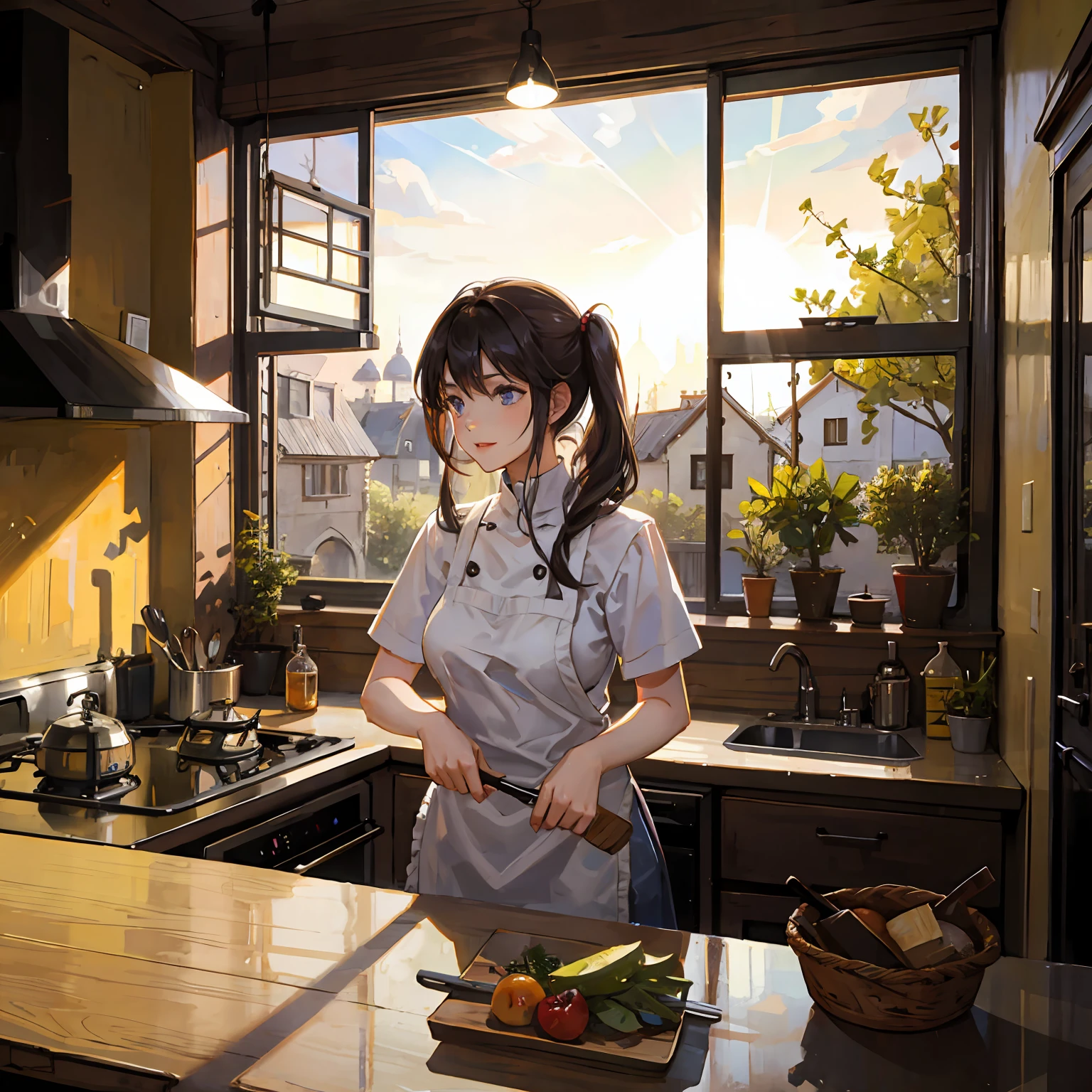 Woman cooking near the window, with ray of sunlight