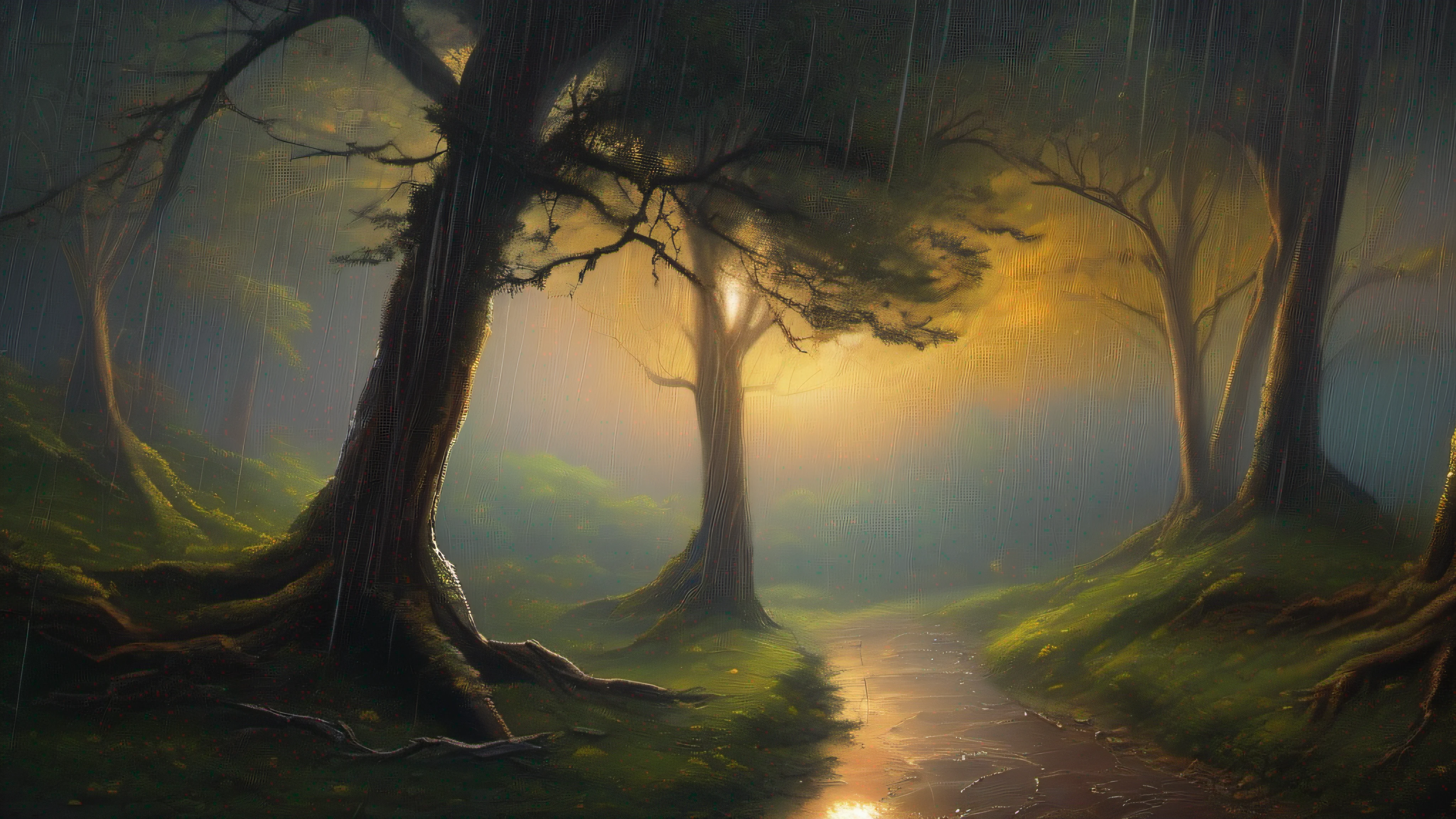 An enchanted forest in the heart of the night, where centuries-old trees touch the starry sky, A lonely man walking among the shadows seeking shelter from the impending storm. Lightning cuts through the sky, iluminando brevemente o rosto cansado do homem, as the wind howls through the leaves. The scene exudes an air of mystery and melancholy, while the raindrops begin to fall slowly, in an oil painting style that captures the texture of the trees and the feeling of rain running down the branches