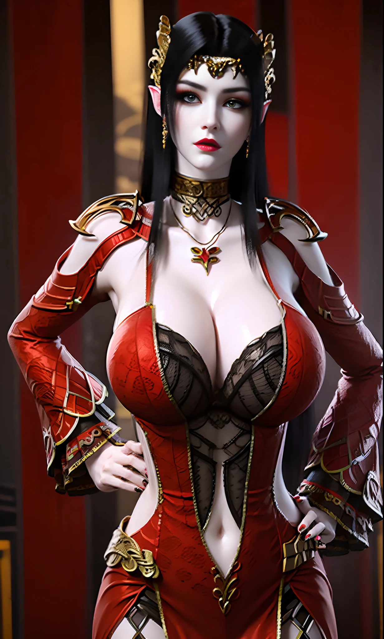 1 very beautiful queen medusha in hanfu dress, thin red silk shirt with many yellow motifs, black lace top, long hair dyed black, beautiful hair jewelry, pretty face pretty and cute, perfect face, earring jewelry, head and hair jewelry, antique jewelry, big red eyes, sharp eye makeup, meticulous makeup eyelashes, thin eyebrows, nose tall, pretty red lips, no smile, pursed lips, rosy cheeks, breast augmentation, wide breasts, (huge breasts), well-proportioned breasts, slim waist, red mesh stockings with black lace, Chinese hanfu style, fictional art patterns, colors vivid and realistic, RAW photos, realistic photos, ultra-high quality 8k surreal photos, cool photos, (virtual lighting effects: 1.8), 10x pixels, magic effects (background): 1.8), super detailed eyes, beautiful girl body portrait, (full body:1.3), (standing:1.2), girl alone, ancient hanfu background, looking directly at the audience, wide original photo, 8k quality, super sharp, detailed and clear picture best, detailed light background,