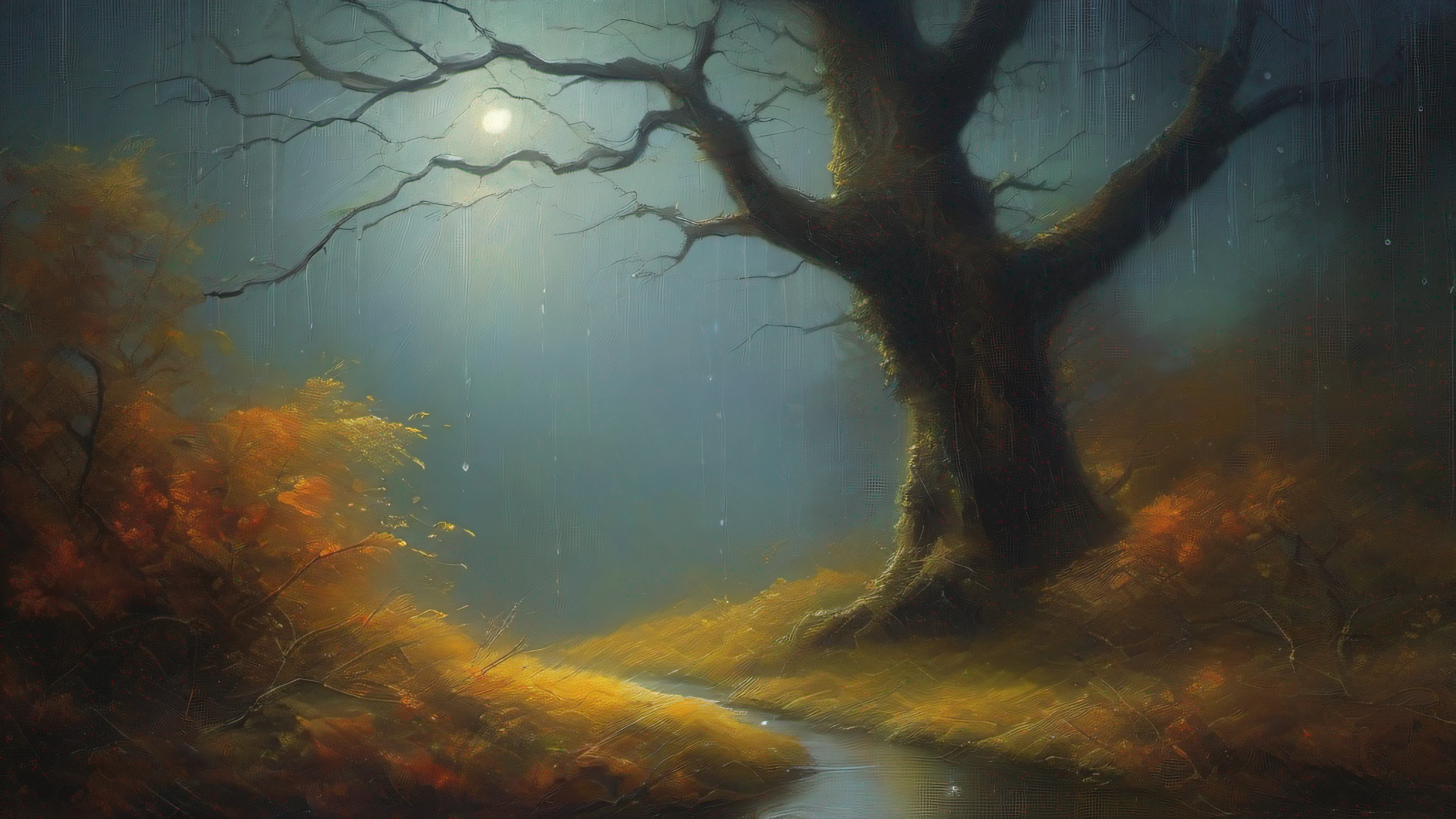 An enchanted forest in the heart of the night, where centuries-old trees touch the starry sky, A lonely man walking among the shadows seeking shelter from the impending storm. Lightning cuts through the sky, iluminando brevemente o rosto cansado do homem, as the wind howls through the leaves. The scene exudes an air of mystery and melancholy, while the raindrops begin to fall slowly, in an oil painting style that captures the texture of the trees and the feeling of rain running down the branches