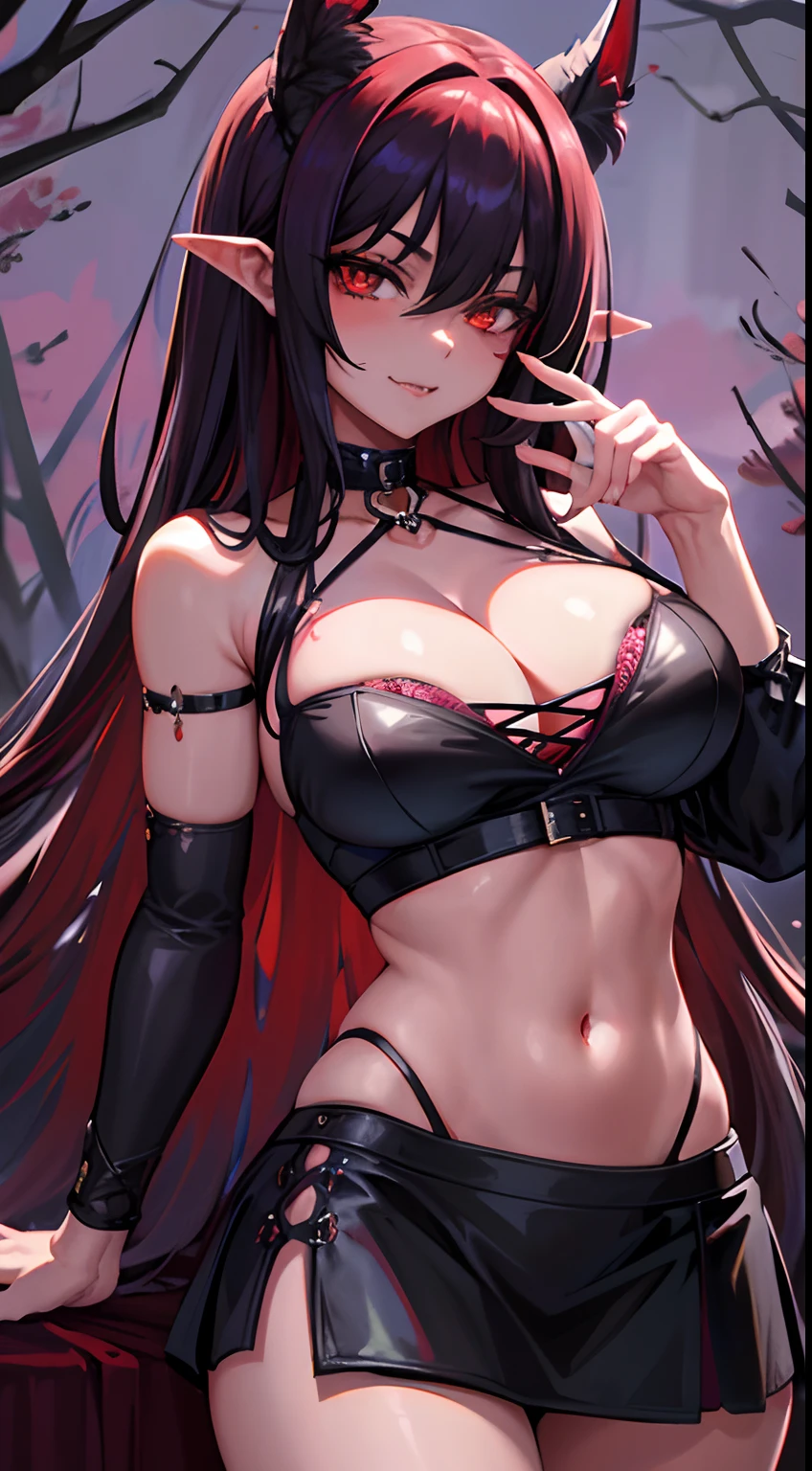 Bad girl, mature woman, masterpiece, best quality, ultra detailed, 1 girl,
Midnight-haired temptress, tousled hair, crimson-hued irises, luminous crimson gaze, meticulously rendered pupils, sinister grin with sharp fangs, blood oozing from lips, stained ivory crop top, onyx skirt with a daring slit, alluring midriff, suggestive cleavage, night, bathed in eerie moonlight, looming trees, tangled undergrowth, haunting blossoms, circling bats, chilling vista, intricately depicted surroundings.