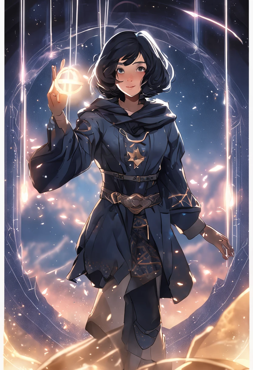 female, 31 years old, short black wavy hair, black eyes, indigo blue hooded tunic with silver star details, a magic book, with the background of beams of light indicating magic