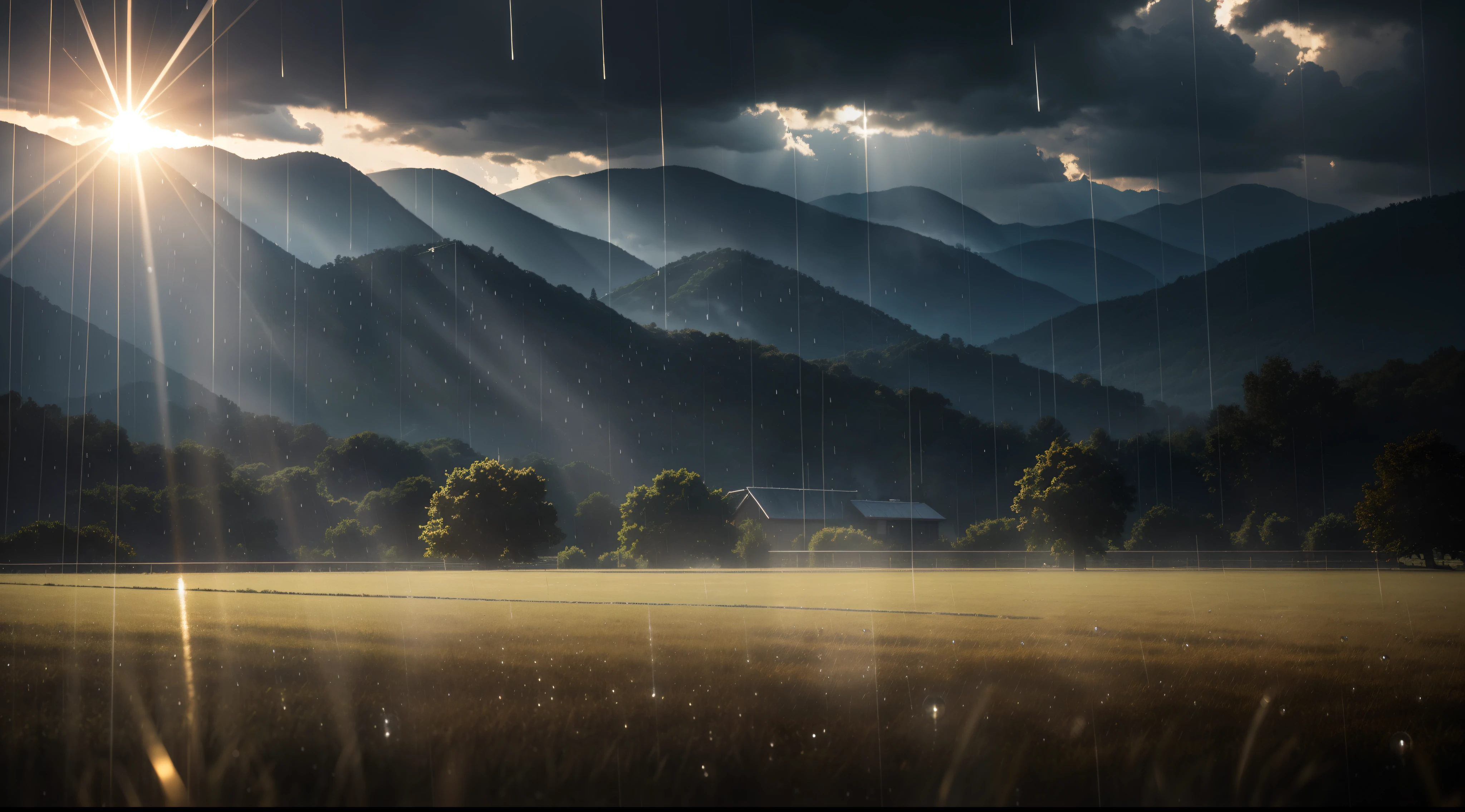 Ultra realistic, masterpiece quality, rain shower in open field ,(( sunlight reflecting through rain drops)), Cinematic, rain drops passing sunlight