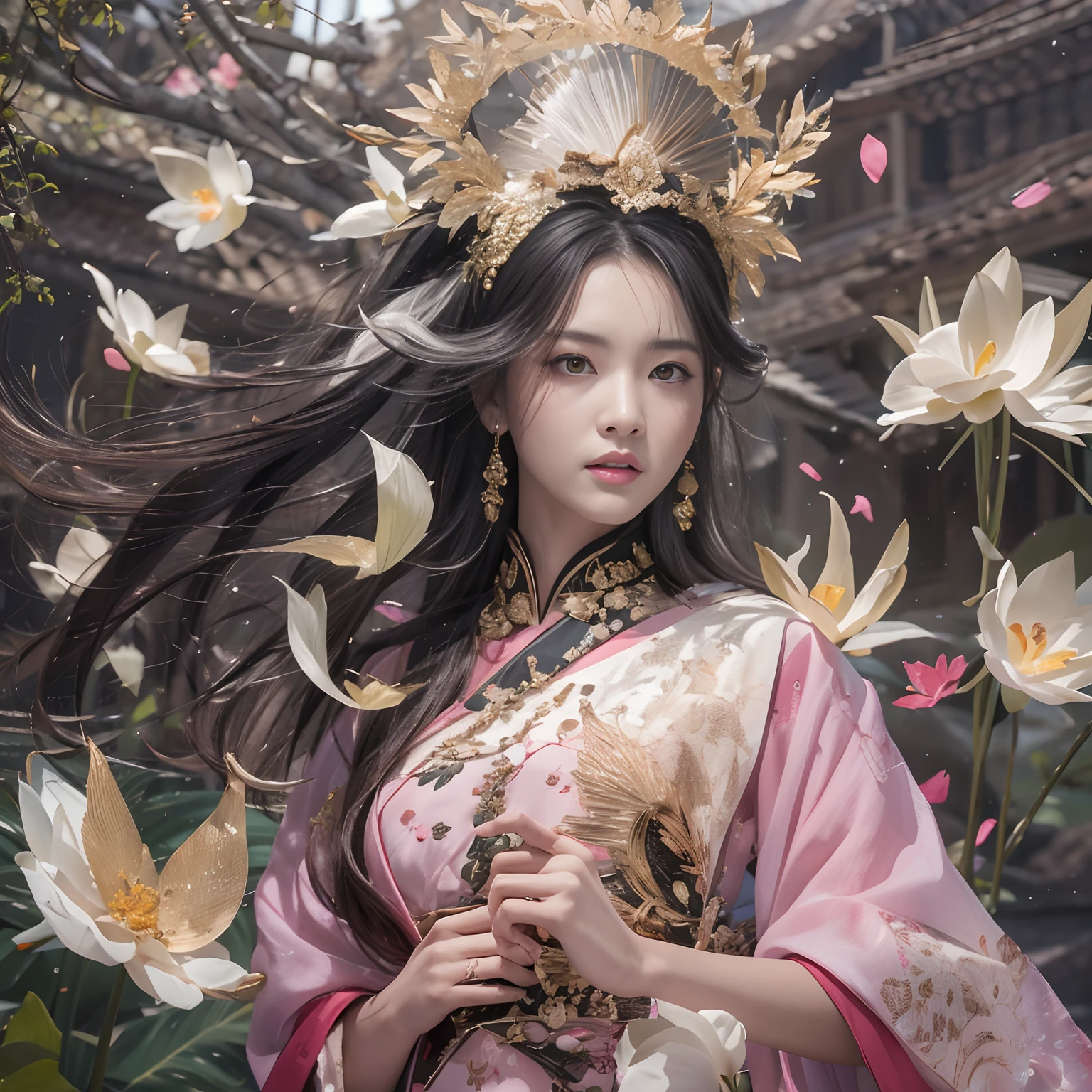 A close up of a woman in a pink dress with flowers - SeaArt AI