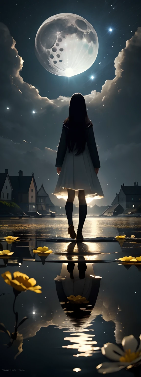 One in a white dress(bit girl:1.5)Look up at the stars,(Stand on the shore:1.1),at the lakes,facing away from the audience,Dark black(Long flowing hair:1.2),The vast night sky has many shining stars,(A round of brilliance(themoon:1.2)Hang high in the night sky),The clear moonlight rippled through the clouds on the water,(The reflection of the ancient town buildings appears on the water),The surface of the water is illuminated by moonlight,Boats on the river,(ultra-wide-angle),(The vertical picture is wide),(Highlight the vastness of the night sky),(Map of Jiangnan Water Town),There is a visual effect of the wind blowing in the air,From the bottom point of view,Melancholic tones,(There are small yellow flowers:1.1),(light and shadow effect),(Depth of field effect),(Tyndall),(Light particle tracing),(Motion picture film effects),(rendering by octane),(CG),(Cinematic lighting visuals),(vivd colour),(Obvious layers),(Photography Award),(8k wallpaper),(Master painting),(Masterpiece),(best qualtiy), photorealestic,realisticlying,Ray