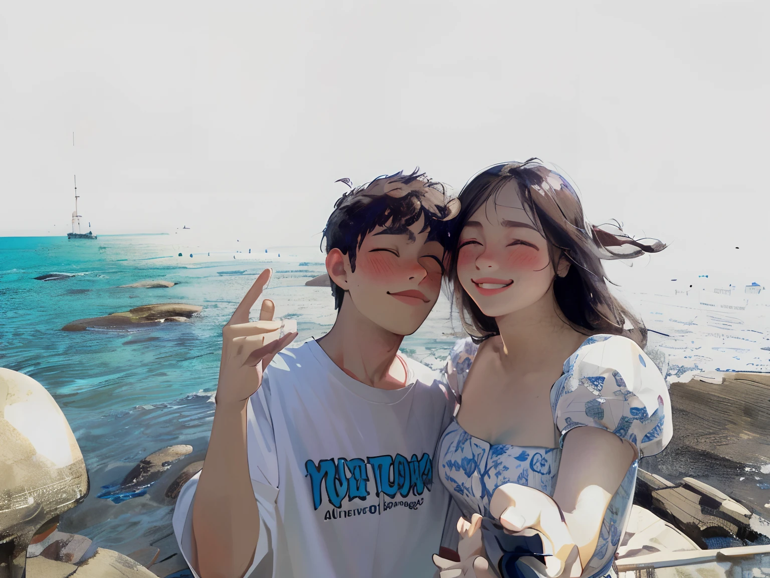 (best quality, masterpiece), (1boy, 1girl, face-to-face:1.1), smile, upper body, blush, size difference, closed eyes,
