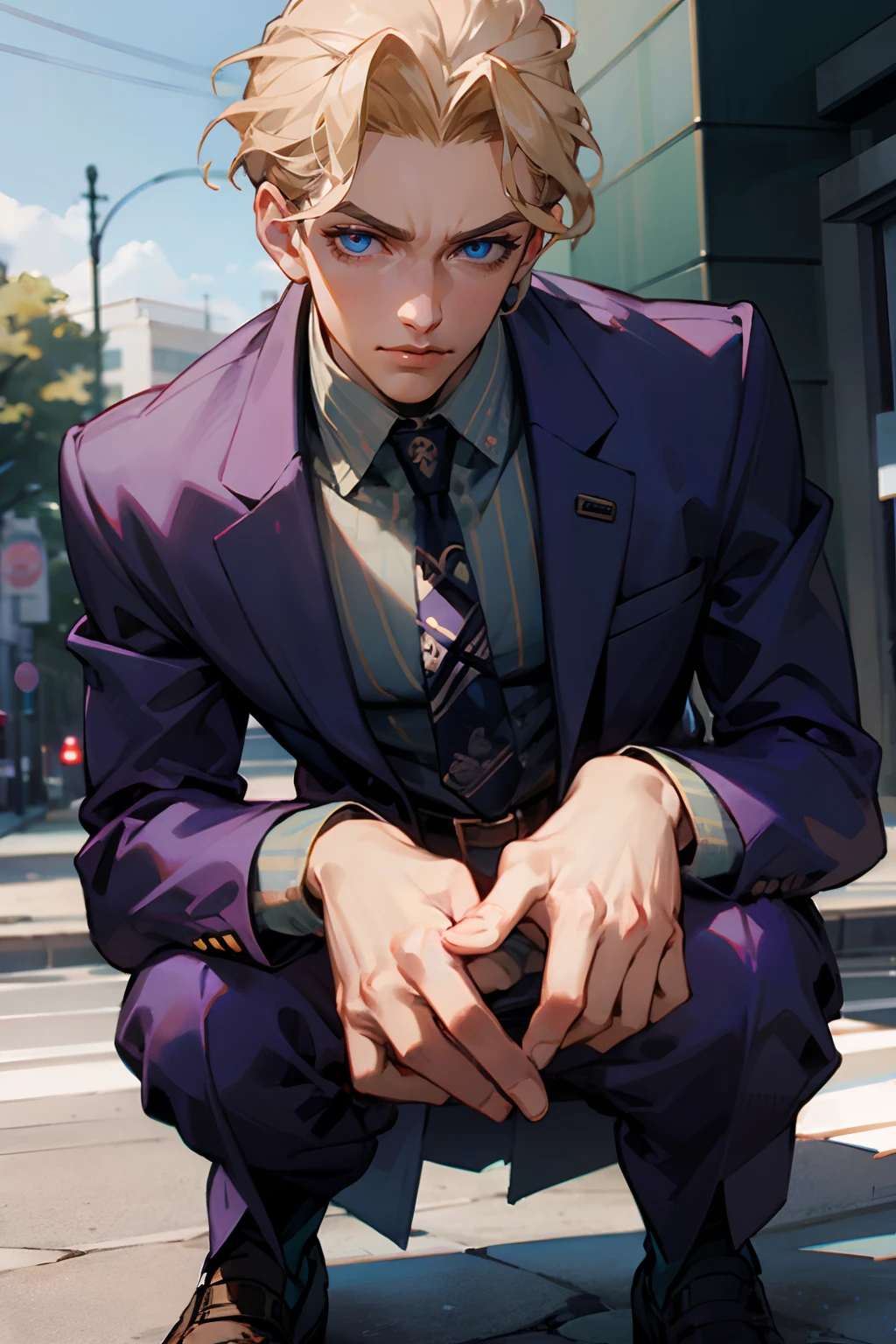 kirayoshikage, kira yoshikage, 1boy, blonde hair, short hair, mature male, cheekbones, purple eyes,
BREAK belt, formal, necktie, shoes, suit,,
BREAK looking at viewer,
BREAK outdoors, park,
BREAK (masterpiece:1.2), best quality, high resolution, unity 8k wallpaper, (illustration:0.8), (beautiful detailed eyes:1.6), extremely detailed face, perfect lighting, extremely detailed CG, (perfect hands, perfect anatomy),