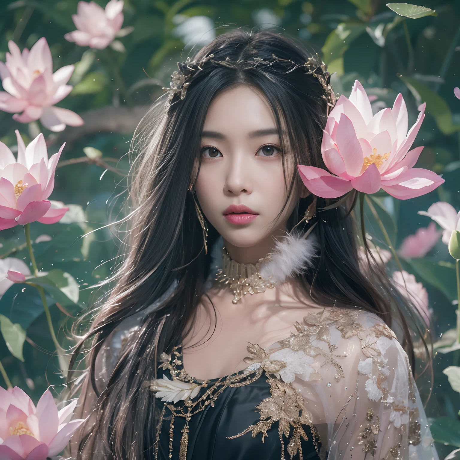 32k(tmasterpiece,K HD |,hiper HD,32k)long flowing black hair,Lagoas,Zydink, uma cor, Povo Xuzhou (Slightly drunk girls), (silk scarf), Postura de combate, looking at the floor, long, whitish hair, cabelos flutuantes, Carp pattern headdress, Roupas chinesas de mangas compridas, (Respingo de guache abstrato:1.2), Pink petal background,Pink and white lotus flowers fly(realista:1.4),cabelos de cor preta,Falling leaves flutter,The background is pure, A high resolution, O detalhe, Fotogr RAW, sharp re, Nikon D850 Film Stock Photo by Jefferies Lee 4 Kodak Portra 400 F1 Camera.6 tiros, cores ricas, Texturas vivas ultrarrealistas, dramatic lighting, Tendência Unreal Engine Art Station, Cinestir 800,long flowing black hair,roupas transparentes transparentes