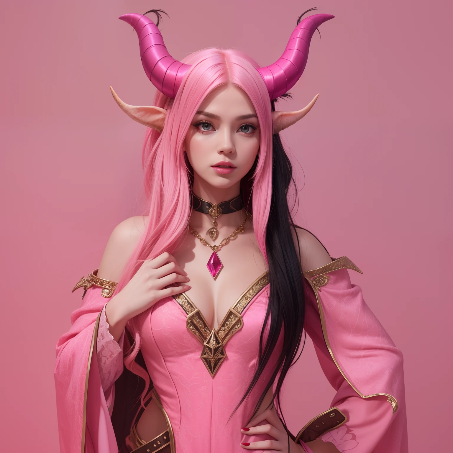 A beautiful pink-skinned woman pink as a pink-skinned devil with long black hair that goes all the way to the ground Make her like a sorceress in a setting filled with magic and mystery A character for medieval RPG she must be wearing medieval robes covering her body like a mage She must wear a medieval costume Her skin is pink pink as an avatar horns and pointed tail as a demon pink skin pink skin pink skin small horns