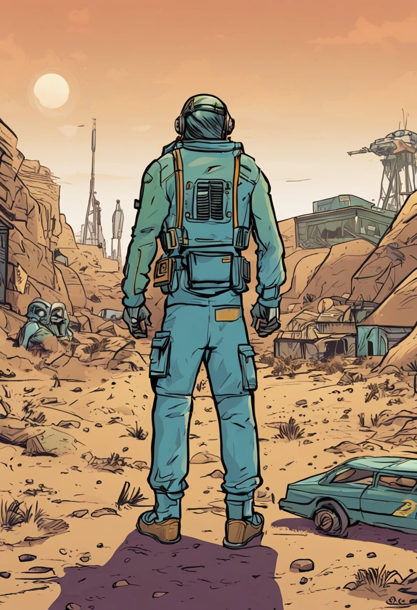 estilo quadrinhos jogo fallout anos 2000, A guy on his back wearing a Vault Tech jumpsuit