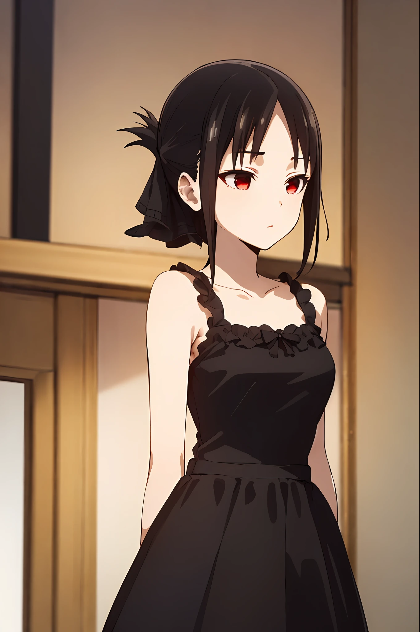 best quality, (masterpiece:1.2), detailed,
shinomiya kaguya,
1girl, solo,
black hair, red eyes, short hair, (((black dress, elegant dress))),
standing, ((((upper body))))