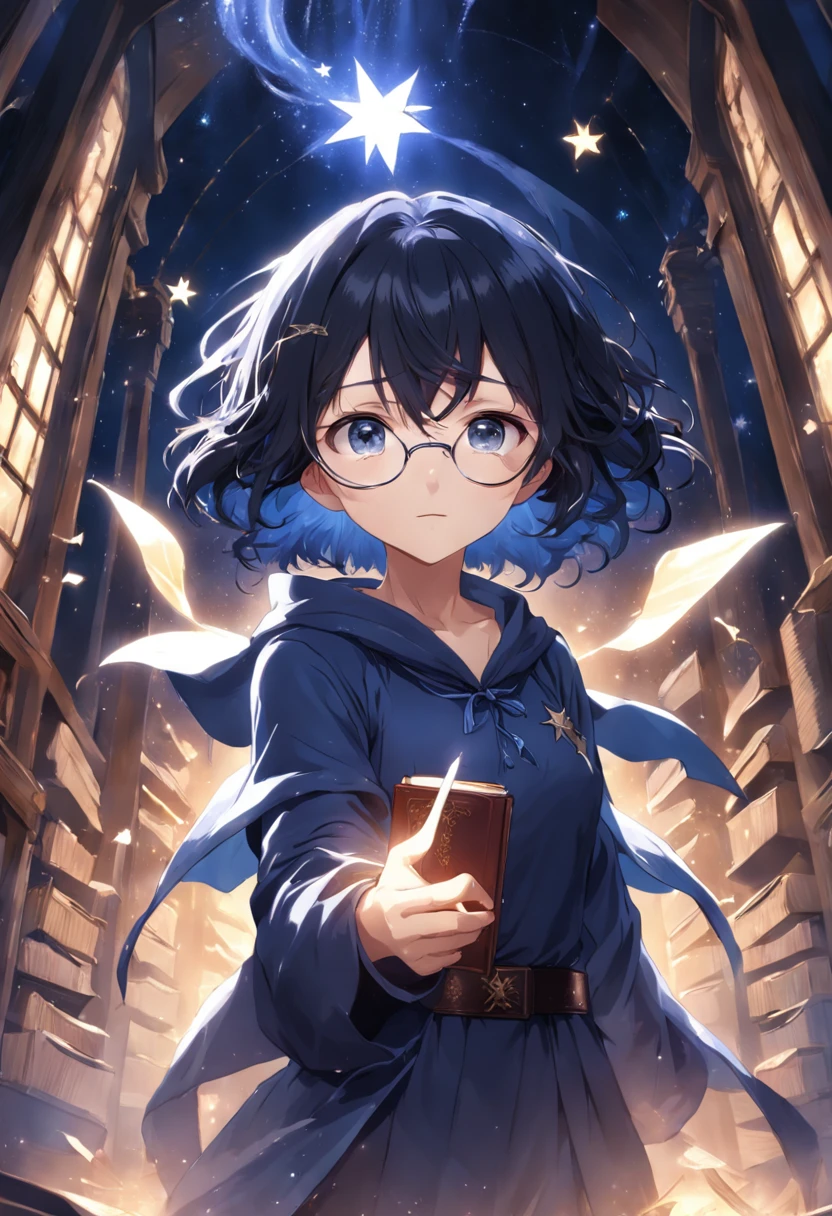 31 year old woman, short black wavy hair, glasses, black eyes, indigo blue hooded tunic with silver star details, a magic book, with the background of beams of light indicating magic
