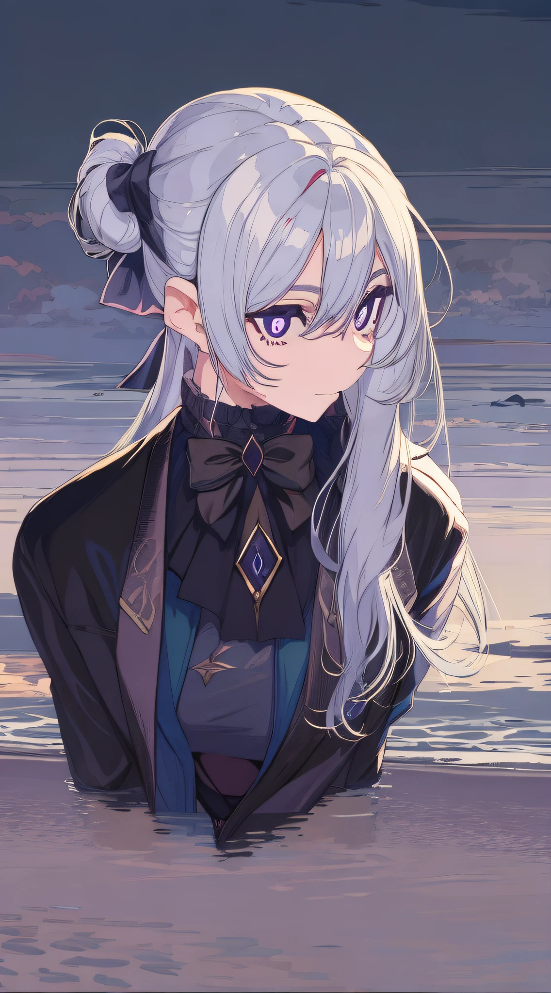 White color hair，Purple pupils，Black shirt，The seaside at dusk，sideface，blacksilk，Bow knot