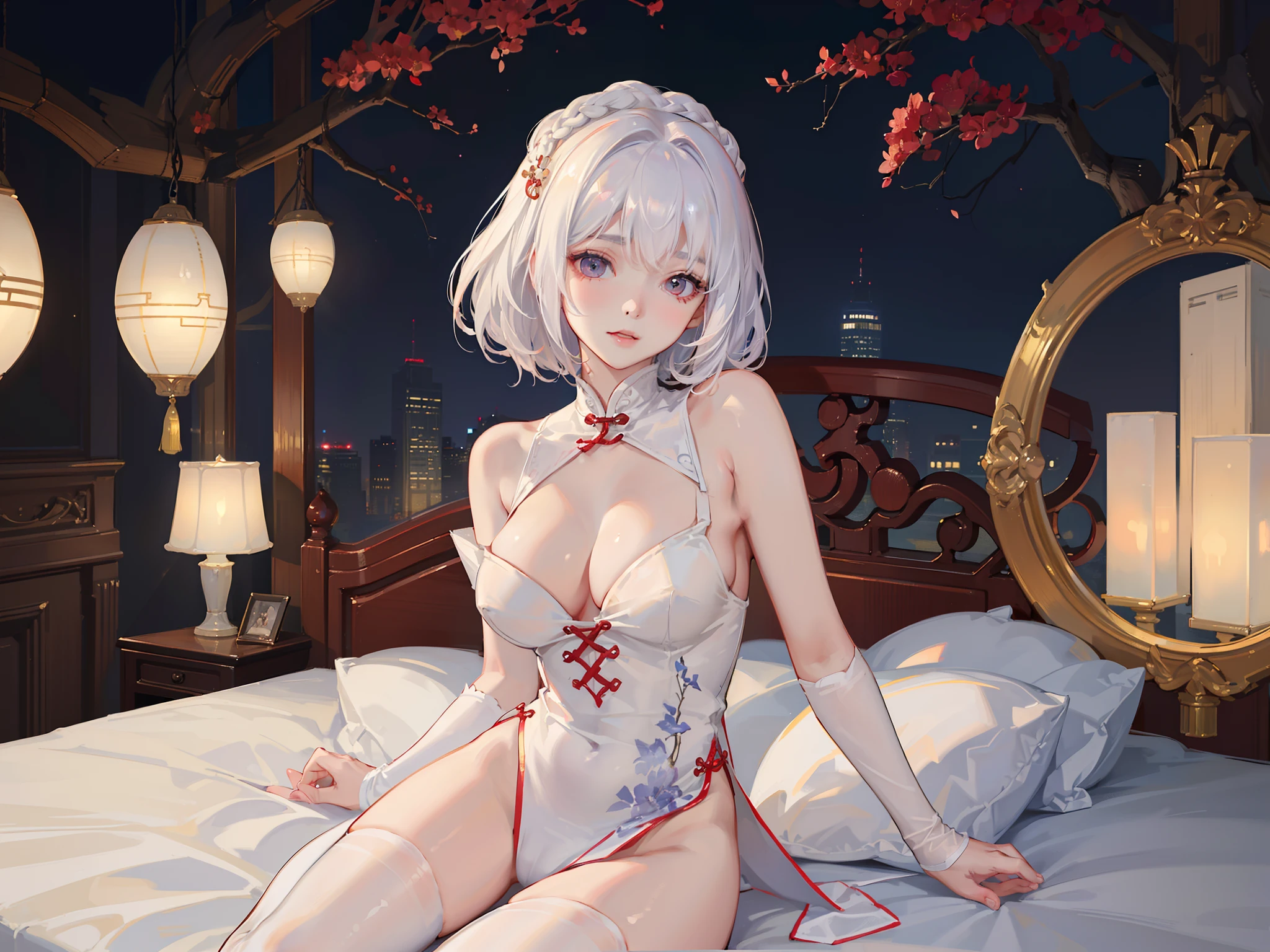 ((top-quality、8K、Manhwa Style:1.4、tmasterpiece,nedium breasts,onbed,Pubic hair shows through,full bodyesbian,Red-faced,is shy,unwear,white stockings,long whitr hair,long leges,Hotel,Beautiful Chinese woman、18yr old、with short white hair、Ultra-delicate skin、Beautiful production,Soft lighting
