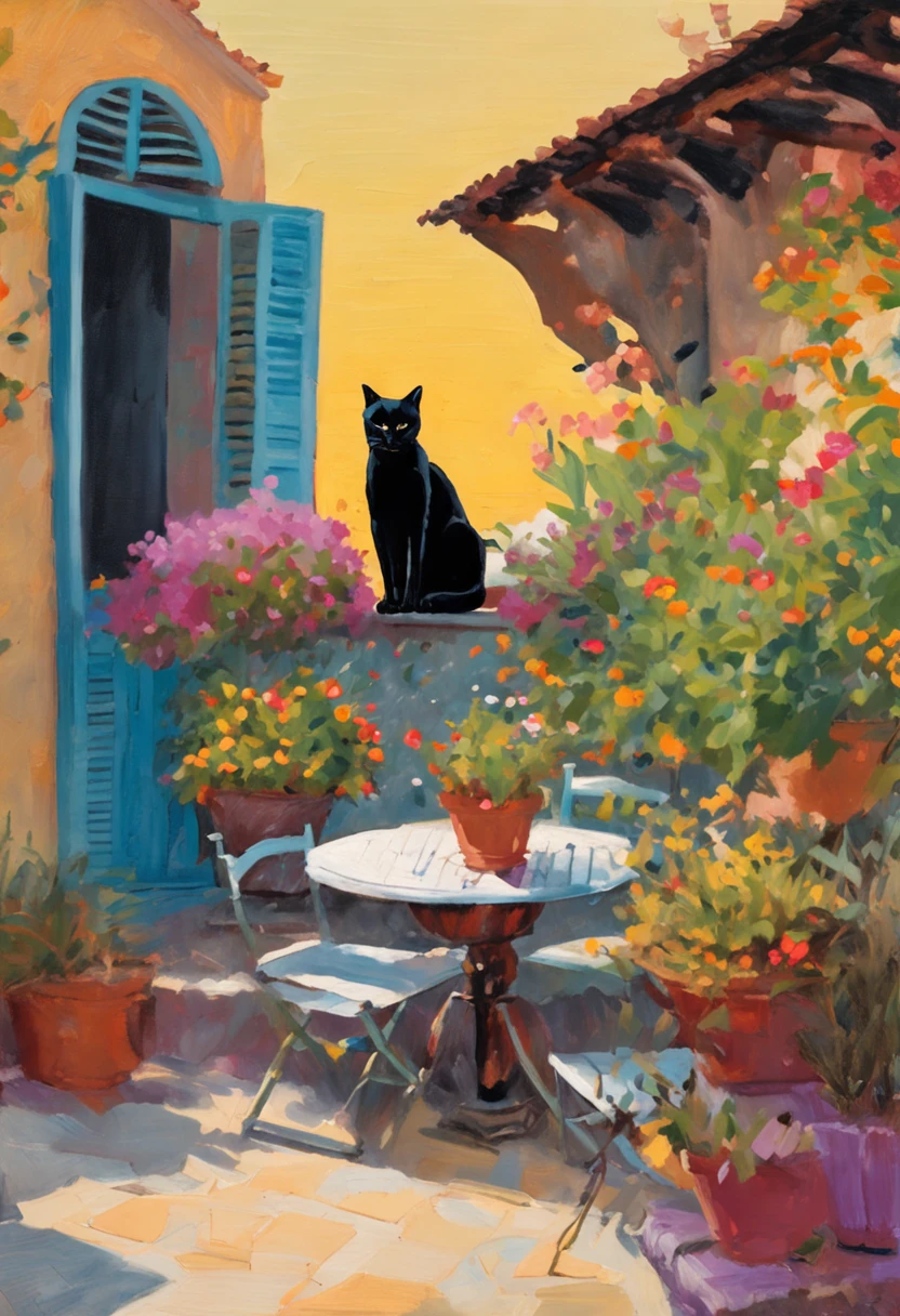 an impressionist painting of a black cat on a terrace of Southern France. There is a swimming pool, lavender bushes and flower pots