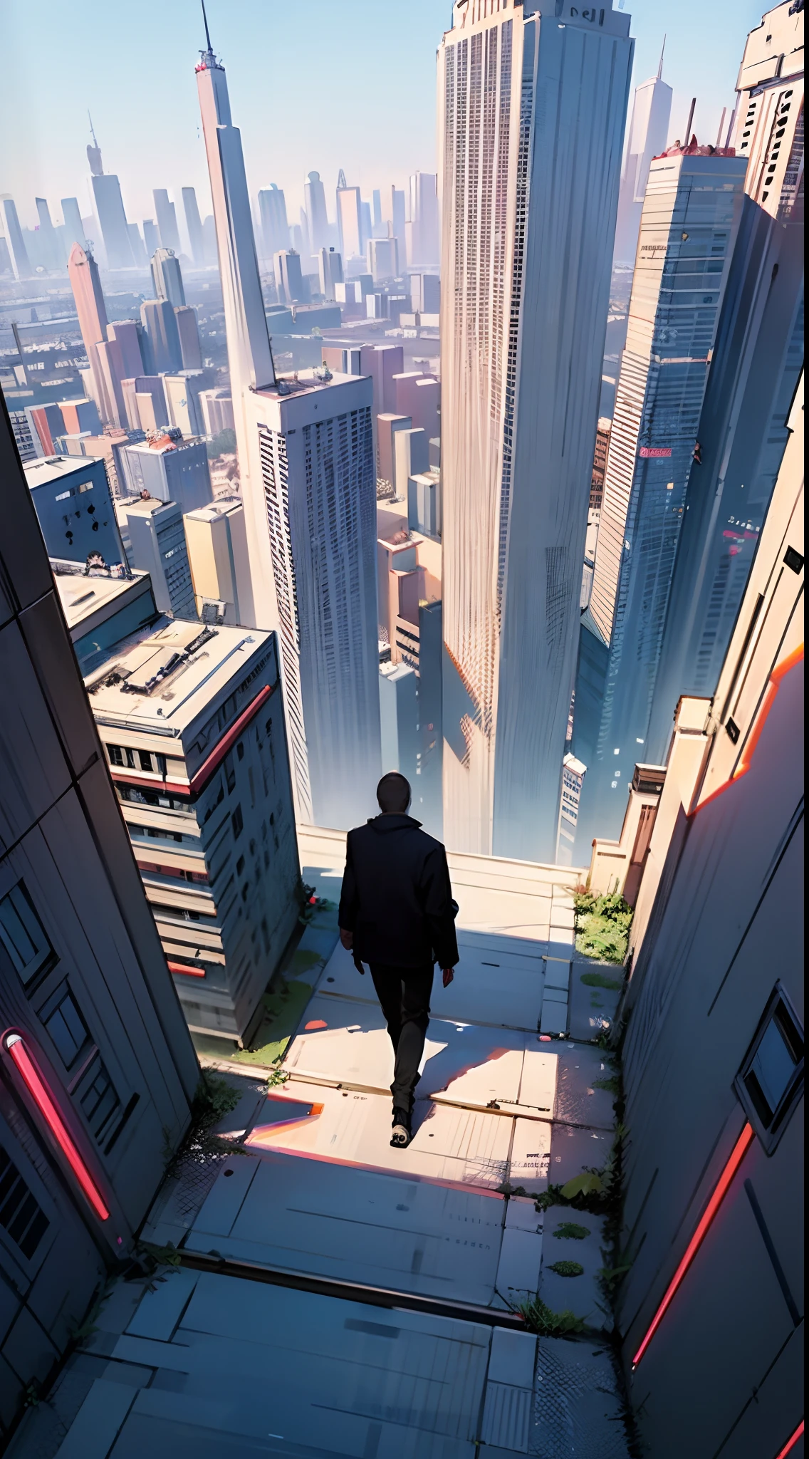 A cyberpunk city with tall buildings vibrant colors ,Eagle view with hundreds of people walking great quality