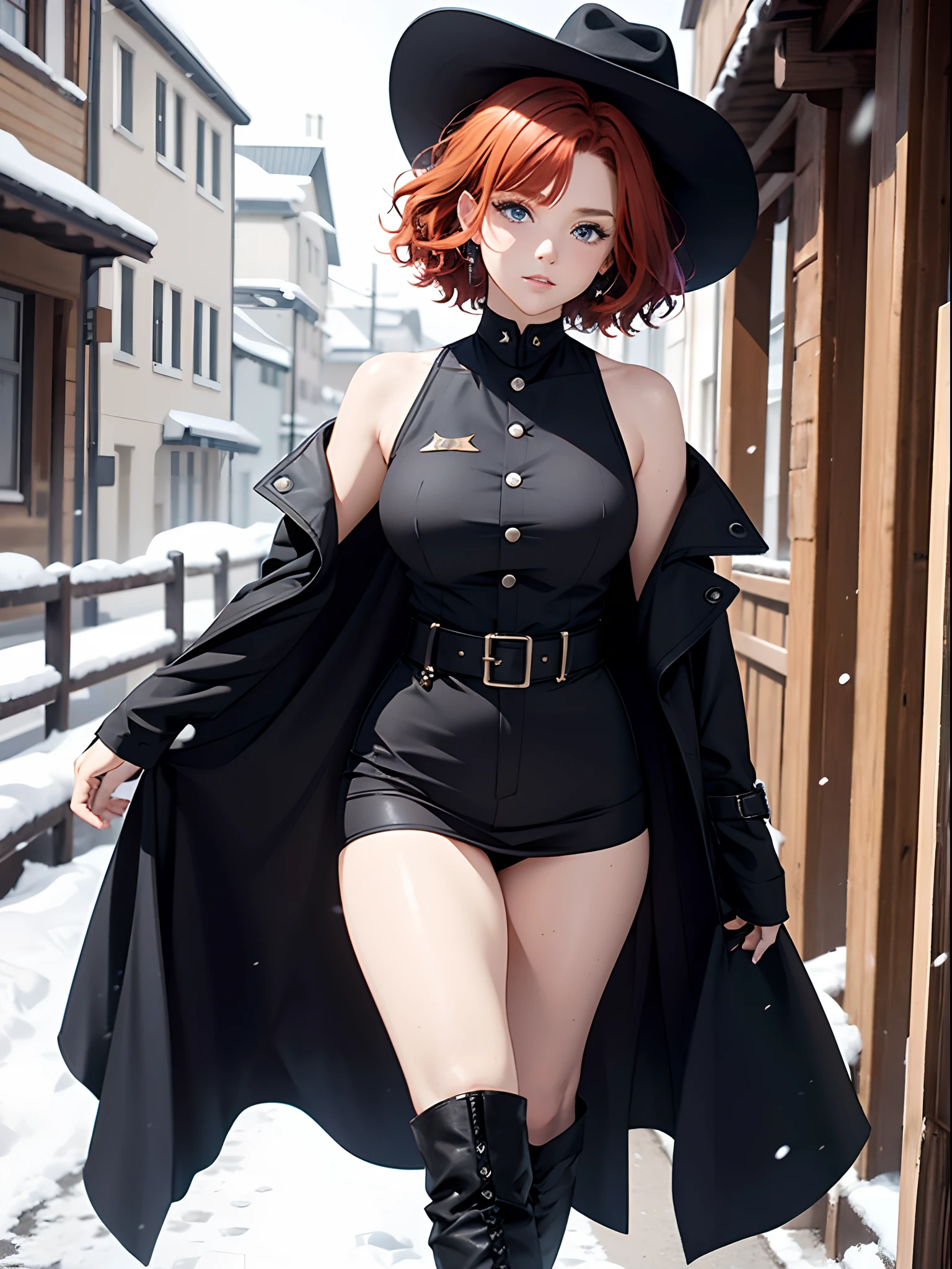 natural redhead woman, 1 woman, zoomed out, short curly hair, black cowboy hat, black uniform, full sheriff uniform, heterochromia, walking towards viewer, low angle, bare shoulders, long black coat, snow