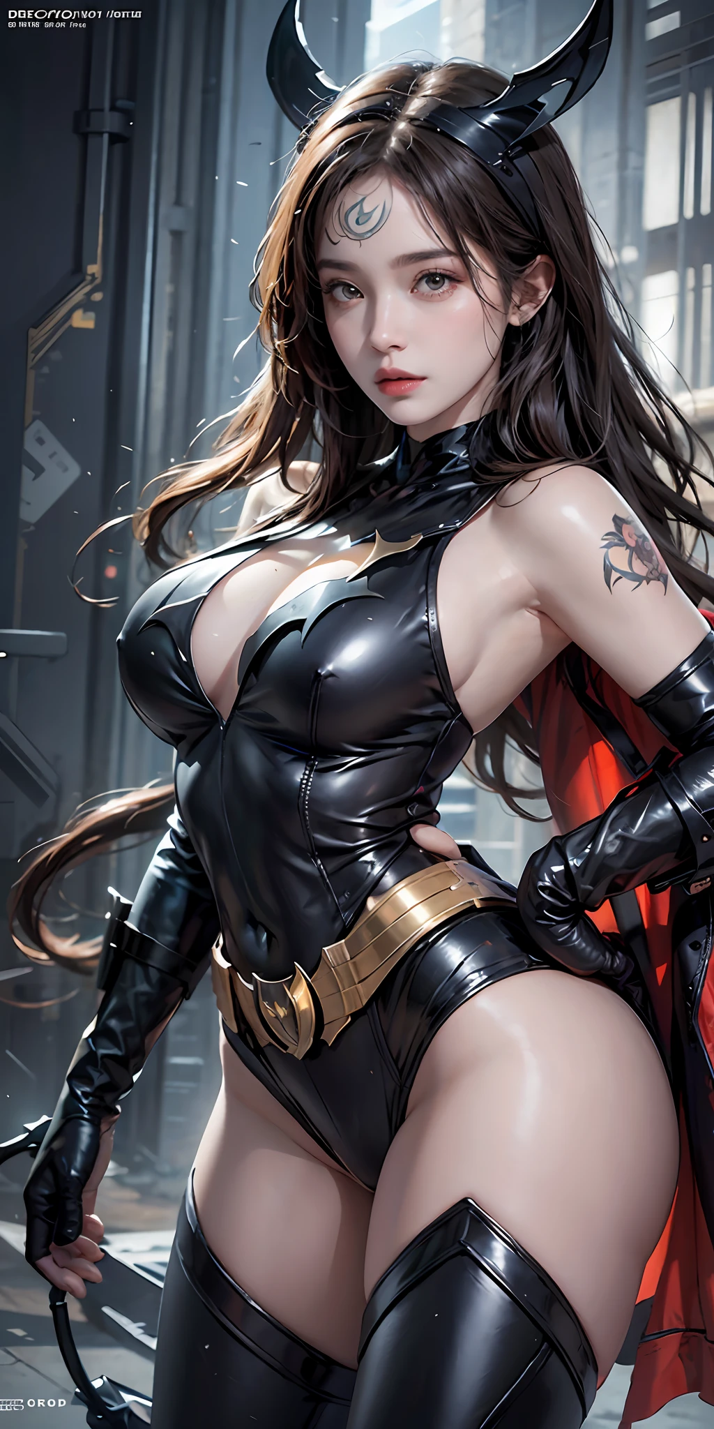 photorealistic, high resolution, soft light,1women, solo, hips up, shining skin, (detailed face), batgirl costume, jewelry, tattoo