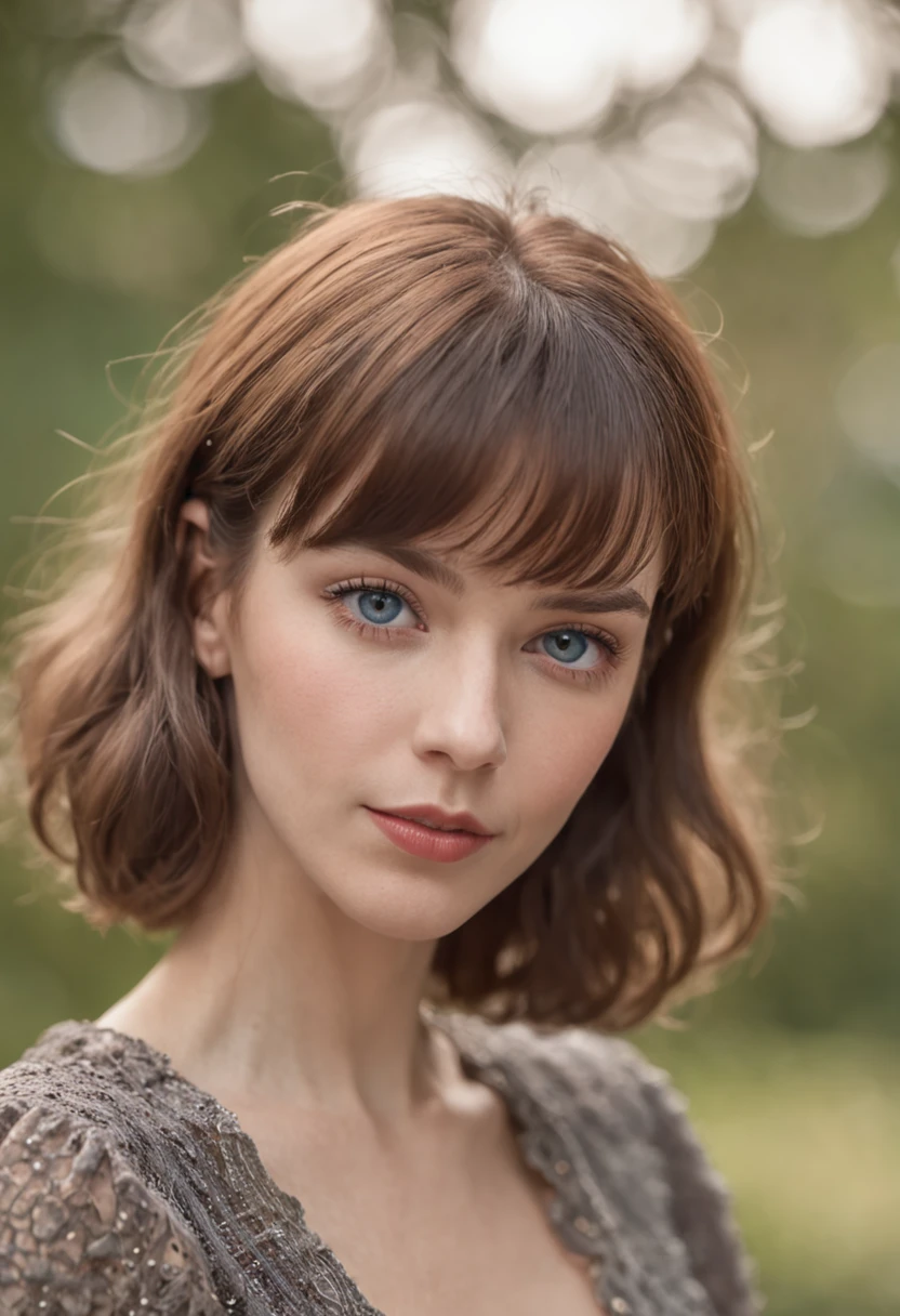 a young caucasian woman, short hair & bangs, blue eyes, 80s retro picture aesthetic, looks like she is confidently posing for the camera, keep the same aspect ratio, The colors are masterfully captured by Nikon D850 and a Nikon AF-S NIKKOR 70-200mm f/2.8E FL ED VR lens, Peter Jackson, fantasy, historical