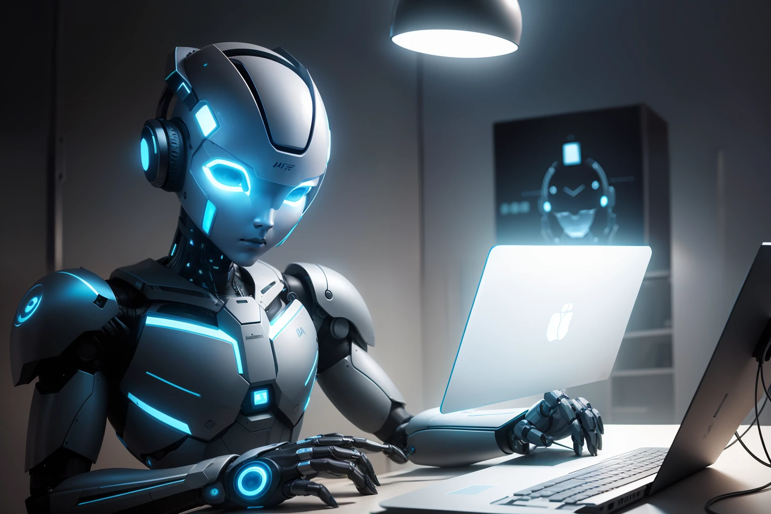 Create a humanoid robot with artificial intelligence performing a task on the computer