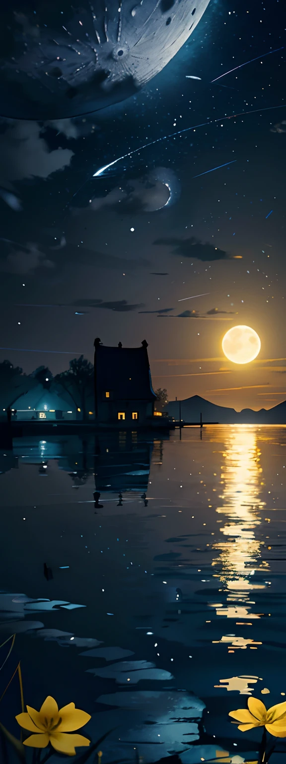 One in a white dress(bit girl:1.5)Look up at the stars,(Stand on the shore:1.1),at the lakes,facing away from the audience,Dark black(Long flowing hair:1.2),The vast night sky has many shining stars,(A round of brilliance(themoon:1.2)Hang high in the night sky),The clear moonlight rippled through the clouds on the water,(The reflection of the ancient town buildings appears on the water),The surface of the water is illuminated by moonlight,Boats on the river,(ultra-wide-angle),(The vertical picture is wide),(Highlight the vastness of the night sky),(Map of Jiangnan Water Town),There is a visual effect of the wind blowing in the air,From the bottom point of view,Melancholic tones,(There are small yellow flowers:1.1),(light and shadow effect),(Depth of field effect),(Tyndall),(Light particle tracing),(Motion picture film effects),(rendering by octane),(CG),(Cinematic lighting visuals),(vivd colour),(Obvious layers),(Photography Award),(8k wallpaper),(Master painting),(Masterpiece),(best qualtiy), photorealestic,realisticlying,Ray