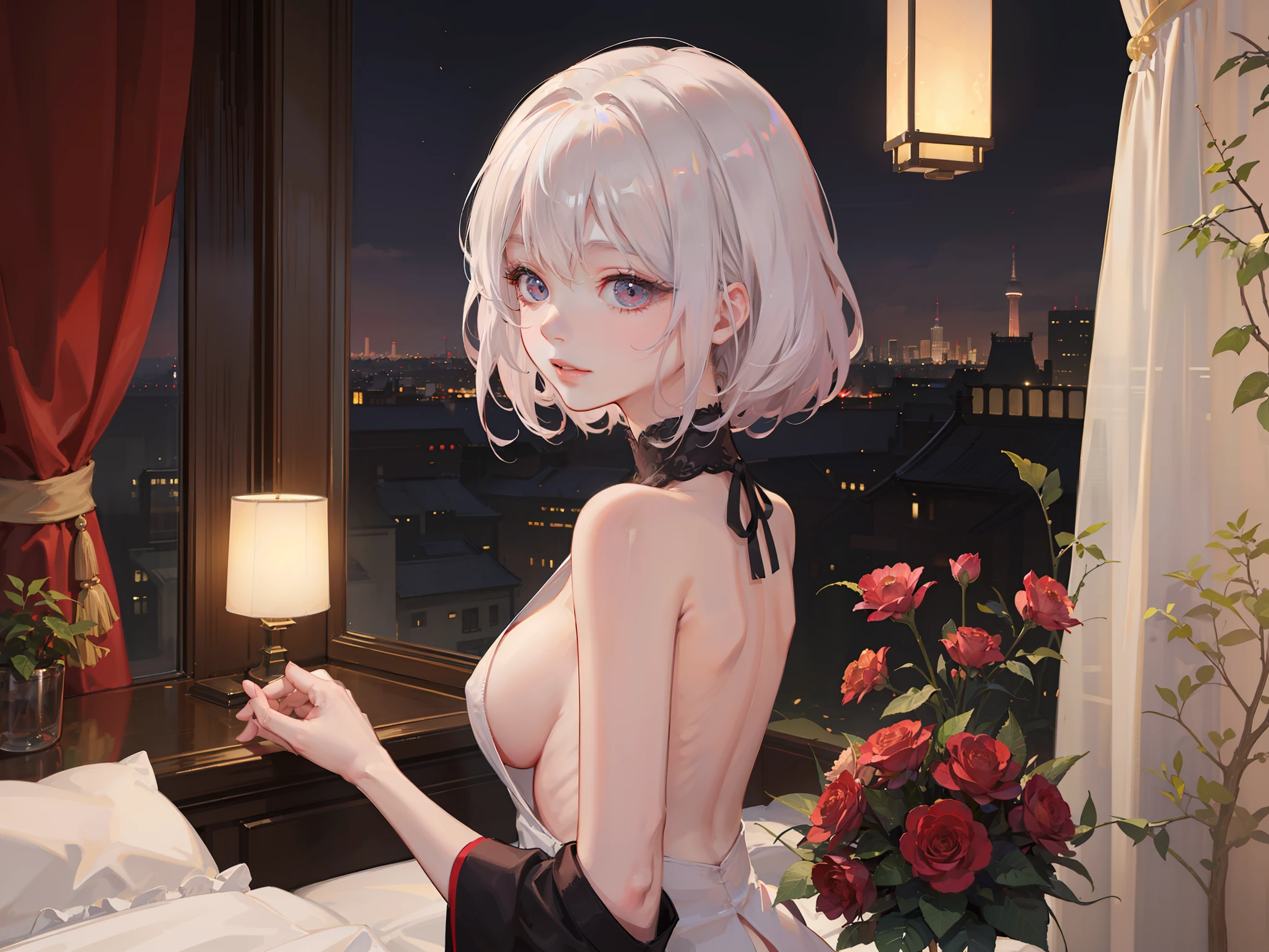 ((top-quality、8K、Manhwa Style:1.4、tmasterpiece,nedium breasts,onbed,Pubic hair shows through,full bodyesbian,Red-faced,is shy,unwear,white stockings,long whitr hair,long leges,Hotel,,Upper body nudity))、back Lighting、Beautiful Chinese woman、18yr old、with short white hair、Ultra-delicate skin、Beautiful production,Soft lighting