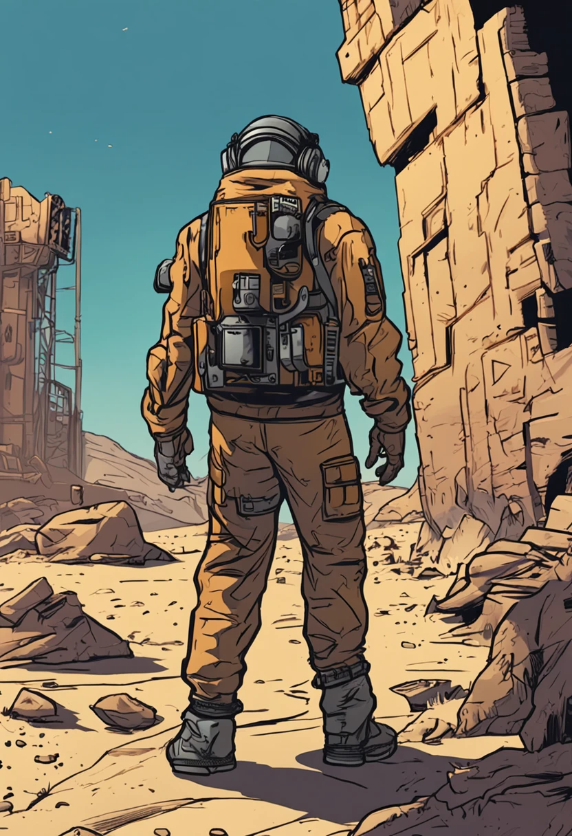 estilo quadrinhos jogo fallout anos 2000, A guy on his back wearing a Vault Tech jumpsuit