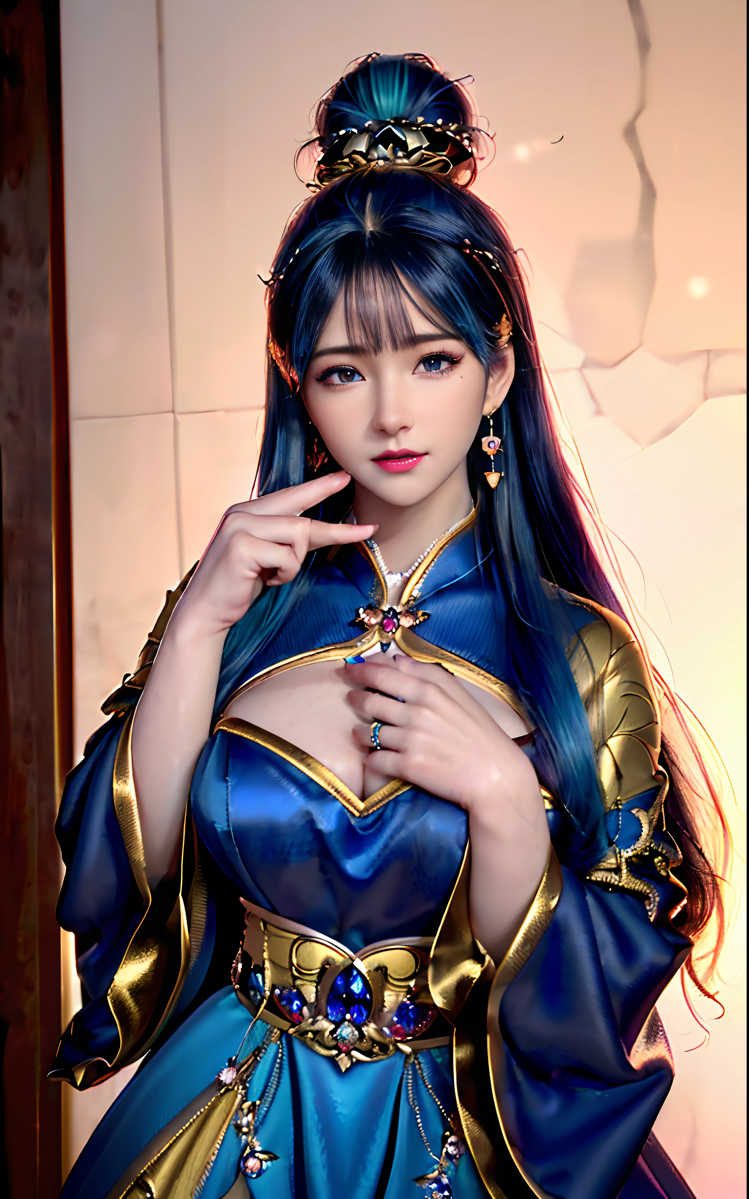 ((realisticity: 1.2)), ((realistic: 8K UHD)), ((best resolution: 8K UHD)), hyper detailed, best quality,masterpiece,highres,cg, ((1 girl hyper detailed and hyper realistic) ) , ((beautiful queen, hyper realistic and hyper detailed)),((white skin, beautiful, smooth, youthful, hyper realistic and hyper detailed )), ((Face hyper beautiful, white, hyper realistic and hyper detailed ) ), long hair, ((hyper realistic and hyper detailed dress)), solo, ((hyper realistic, hyper beautiful, beautiful and hyper detailed jewelry)), ((hyper beautiful deep red and golden yellow dress, hyper realistic and hyper detailed )) , ((Her pretty, hyper realistic, hyper detailed diamond filled earrings)), ((Her gorgeous diamond haircut, hyper realistic and hyper detailed)), ((hyper pretty upper body, hyper beautiful, hyper realistic and hyper detailed) ), ((medium breast: 1.1)), ((hyper realistic, hyper pretty, hyper detailed boobs)), ((the backgroun of the royal palace is hyper majestic, hyper realistic and hyper detailed)),((hands and palms hyper beautiful, hyper detailed, hyper realistic)), ((hyper detailed and hyper realistic fingers and fingernails)), ((hyper pretty fingernails, hyper vivid, hyper detailed, hyper realistic)), ((thumb, index finger, middle finger, ring finger, little finger hyper vivid, hyper pretty, hyper detailed, hyper realistic)), ((hyper beautiful fingers, hyper detailed, and hyper realistic)), ((posture not too fat and not too thin, hyper realistic, hyper detail)), ((hyper pretty, hyper pretty, hyper realistic and hyper detailed hair bun)), ((hyper pretty , hyper realistic and hyper detailed blue hair)), candid, Photo, high resolution, 8k , bokeh,