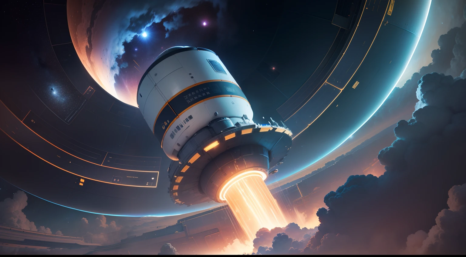 In planetary orbit，A satellite shaped like a cylinder，There is a miniature reactor in the center of the satellite，The satellite emits coarse, high-energy lasers to illuminate the surface。High-energy lasers are dazzling and have huge beams，The laser beam hits the surface，Causes violent explosions and shock waves，Quickly disperse dark clouds。