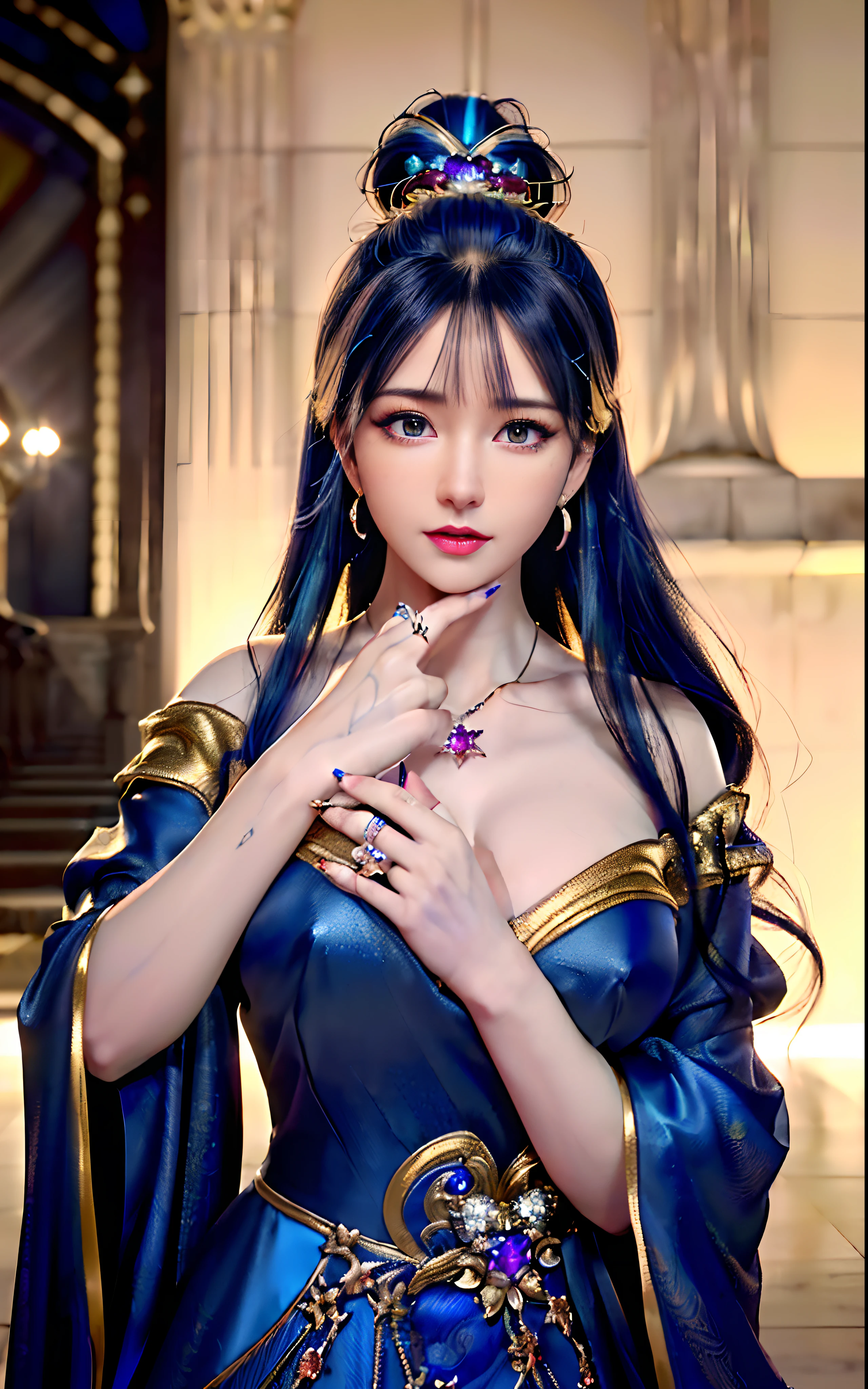((realisticity: 1.2)), ((realistic: 8K UHD)), ((best resolution: 8K UHD)), hyper detailed, best quality,masterpiece,highres,cg, ((1 girl hyper detailed and hyper realistic) ) , ((beautiful queen, hyper realistic and hyper detailed)),((white skin, beautiful, smooth, youthful, hyper realistic and hyper detailed )), ((Face hyper beautiful, white, hyper realistic and hyper detailed ) ), long hair, ((hyper realistic and hyper detailed dress)), solo, ((hyper realistic, hyper beautiful, beautiful and hyper detailed jewelry)), ((hyper beautiful deep red and golden yellow dress, hyper realistic and hyper detailed )) , ((Her pretty, hyper realistic, hyper detailed diamond filled earrings)), ((Her gorgeous diamond haircut, hyper realistic and hyper detailed)), ((hyper pretty upper body, hyper beautiful, hyper realistic and hyper detailed) ), ((medium breast: 1.1)), ((hyper realistic, hyper pretty, hyper detailed boobs)), ((the backgroun of the royal palace is hyper majestic, hyper realistic and hyper detailed)),((hands and palms hyper beautiful, hyper detailed, hyper realistic)), ((hyper detailed and hyper realistic fingers and fingernails)), ((hyper pretty fingernails, hyper vivid, hyper detailed, hyper realistic)), ((thumb, index finger, middle finger, ring finger, little finger hyper vivid, hyper pretty, hyper detailed, hyper realistic)), ((hyper beautiful fingers, hyper detailed, and hyper realistic)), ((posture not too fat and not too thin, hyper realistic, hyper detail)), ((hyper pretty, hyper pretty, hyper realistic and hyper detailed hair bun)), ((hyper pretty , hyper realistic and hyper detailed blue hair)), candid, Photo, high resolution, 8k , bokeh,