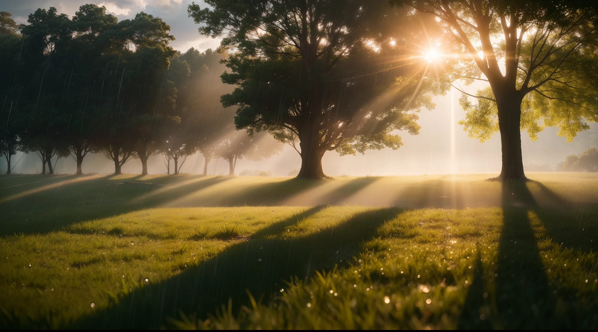 Ultra realistic, masterpiece quality, rain shower in open field ,(( sunlight reflecting through rain drops)), Cinematic, rain drops passing sunlight