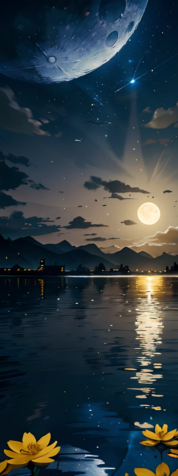 One in a white dress(bit girl:1.5)Look up at the stars,(Stand on the shore:1.1),at the lakes,facing away from the audience,Dark black(Long flowing hair:1.2),The vast night sky has many shining stars,(A round of brilliance(themoon:1.2)Hang high in the night sky),The clear moonlight rippled through the clouds on the water,(The reflection of the ancient town buildings appears on the water),The surface of the water is illuminated by moonlight,Boats on the river,(ultra-wide-angle),(The vertical picture is wide),(Highlight the vastness of the night sky),(Map of Jiangnan Water Town),There is a visual effect of the wind blowing in the air,From the bottom point of view,Melancholic tones,(There are small yellow flowers:1.1),(light and shadow effect),(Depth of field effect),(Tyndall),(Light particle tracing),(Motion picture film effects),(rendering by octane),(CG),(Cinematic lighting visuals),(vivd colour),(Obvious layers),(Photography Award),(8k wallpaper),(Master painting),(Masterpiece),(best qualtiy), photorealestic,realisticlying,Ray