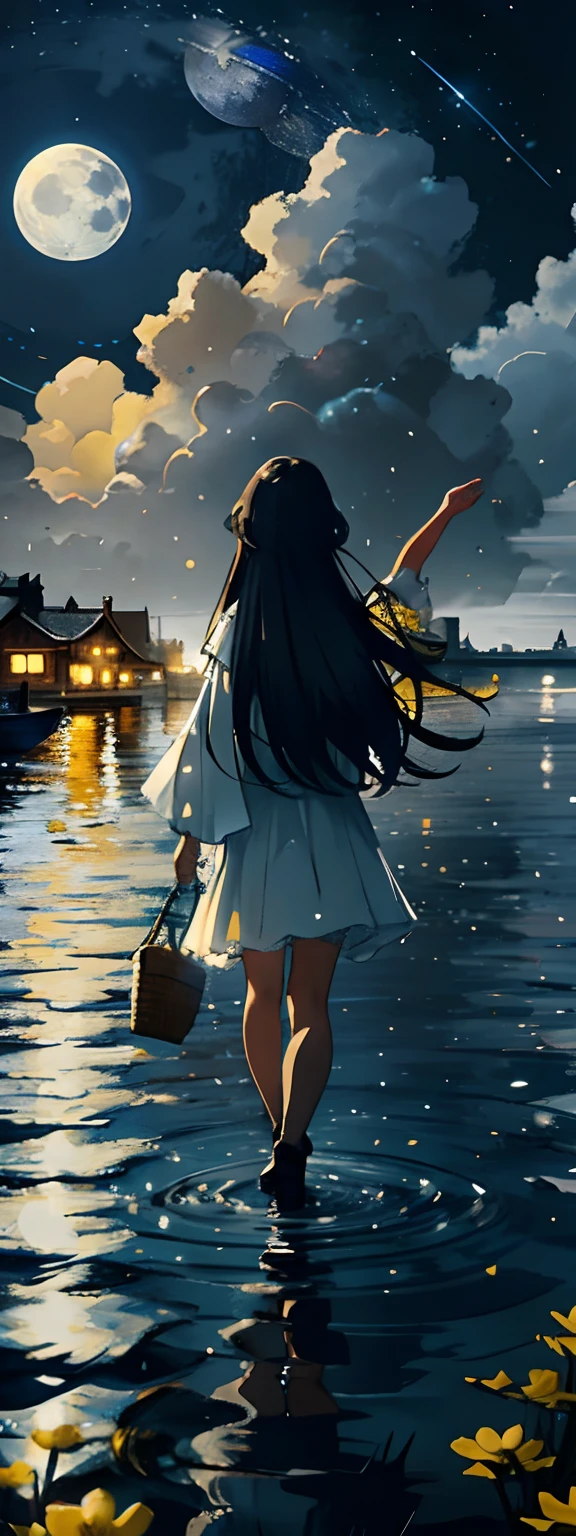 One in a white dress(bit girl:1.5)Look up at the stars,(Stand on the shore:1.1),at the lakes,facing away from the audience,Dark black(Long flowing hair:1.2),The vast night sky has many shining stars,(A round of brilliance(themoon:1.2)Hang high in the night sky),The clear moonlight rippled through the clouds on the water,(The reflection of the ancient town buildings appears on the water),The surface of the water is illuminated by moonlight,Boats on the river,(ultra-wide-angle),(The vertical picture is wide),(Highlight the vastness of the night sky),(Map of Jiangnan Water Town),There is a visual effect of the wind blowing in the air,From the bottom point of view,Melancholic tones,(There are small yellow flowers:1.1),(light and shadow effect),(Depth of field effect),(Tyndall),(Light particle tracing),(Motion picture film effects),(rendering by octane),(CG),(Cinematic lighting visuals),(vivd colour),(Obvious layers),(Photography Award),(8k wallpaper),(Master painting),(Masterpiece),(best qualtiy), photorealestic,realisticlying,Ray