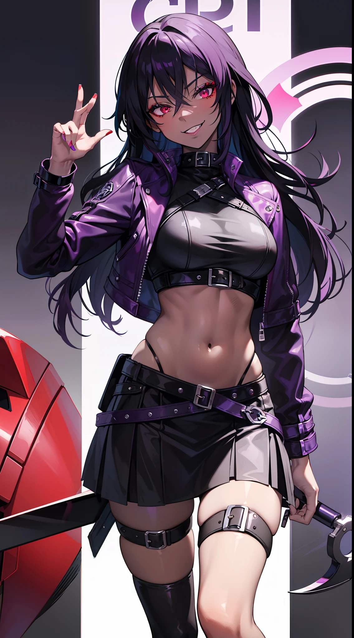 Adult woman, black skin, long purple hair, red eyes, purple top, leather jacket, leather mini skirt, wide hips, small waist, open belly, open breasts, black lipstick, Masterpiece, hiquality, perfect fingers, perfect limbs

