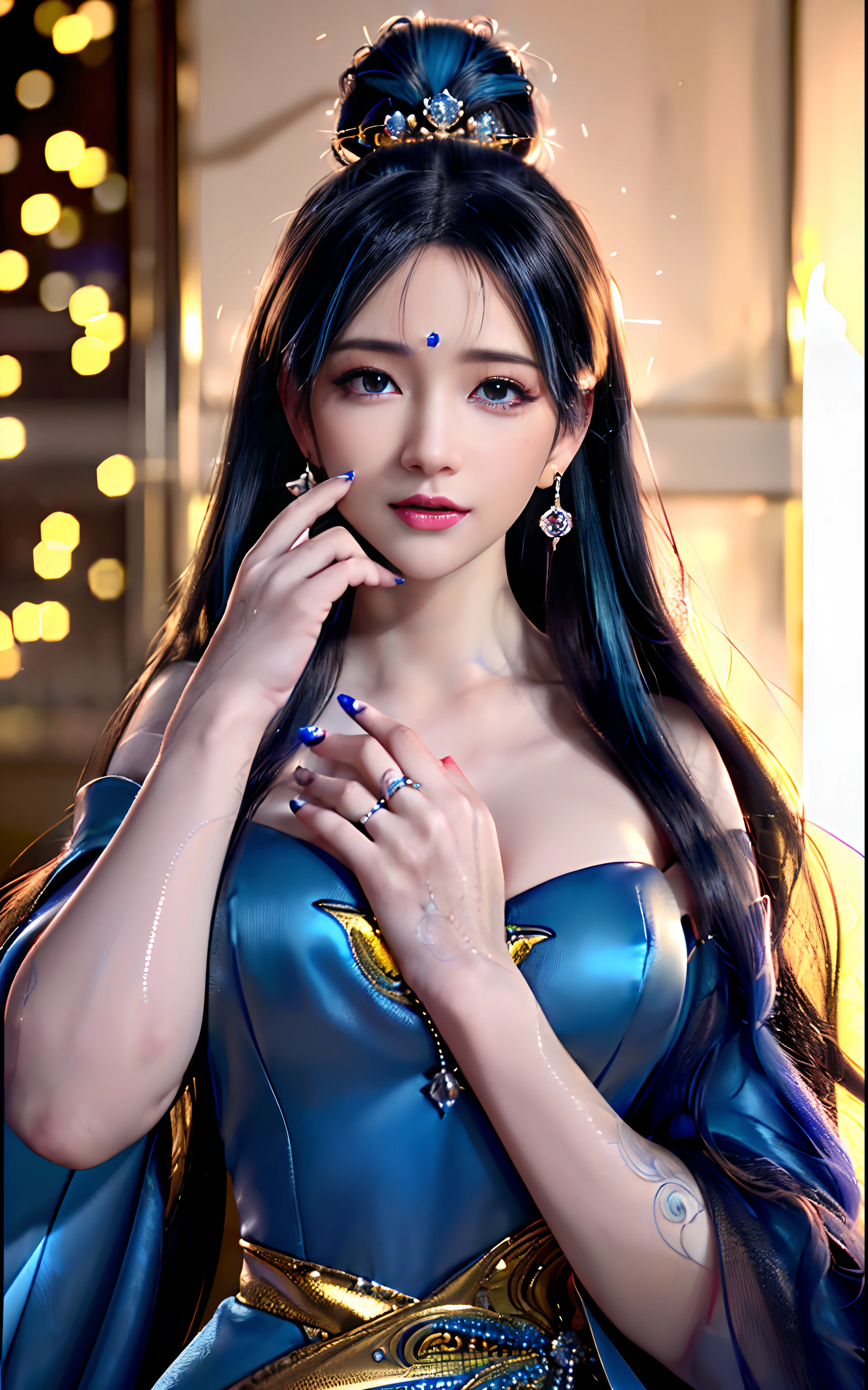 ((realisticity: 1.2)), ((realistic: 8K UHD)), ((best resolution: 8K UHD)), hyper detailed, best quality,masterpiece,highres,cg, ((1 girl hyper detailed and hyper realistic) ) , ((beautiful queen, hyper realistic and hyper detailed)),((white skin, beautiful, smooth, youthful, hyper realistic and hyper detailed )), ((Face hyper beautiful, white, hyper realistic and hyper detailed ) ), long hair, ((hyper realistic and hyper detailed dress)), solo, ((hyper realistic, hyper beautiful, beautiful and hyper detailed jewelry)), ((hyper beautiful deep red and golden yellow dress, hyper realistic and hyper detailed )) , ((Her pretty, hyper realistic, hyper detailed diamond filled earrings)), ((Her gorgeous diamond haircut, hyper realistic and hyper detailed)), ((hyper pretty upper body, hyper beautiful, hyper realistic and hyper detailed) ), ((medium breast: 1.1)), ((hyper realistic, hyper pretty, hyper detailed boobs)), ((the backgroun of the royal palace is hyper majestic, hyper realistic and hyper detailed)),((hands and palms hyper beautiful, hyper detailed, hyper realistic)), ((hyper detailed and hyper realistic fingers and fingernails)), ((hyper pretty fingernails, hyper vivid, hyper detailed, hyper realistic)), ((thumb, index finger, middle finger, ring finger, little finger hyper vivid, hyper pretty, hyper detailed, hyper realistic)), ((hyper beautiful fingers, hyper detailed, and hyper realistic)), ((posture not too fat and not too thin, hyper realistic, hyper detail)), ((hyper pretty, hyper pretty, hyper realistic and hyper detailed hair bun)), ((hyper pretty , hyper realistic and hyper detailed blue hair)), candid, Photo, high resolution, 8k , bokeh,